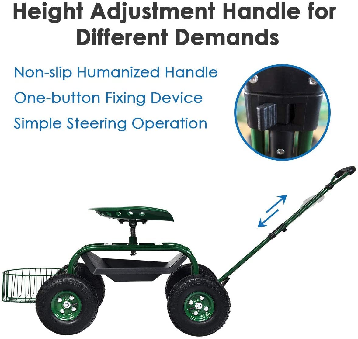 **GRAFFY Heavy Duty Garden Cart with Wheels - Rolling Gardening Stool with Tray & Basket, Adjustable Seat & Handle - Mobile Work Seat for Lawn, Patio & Yard Work - Perfect for Planting, Weeding & Outdoor Chores**