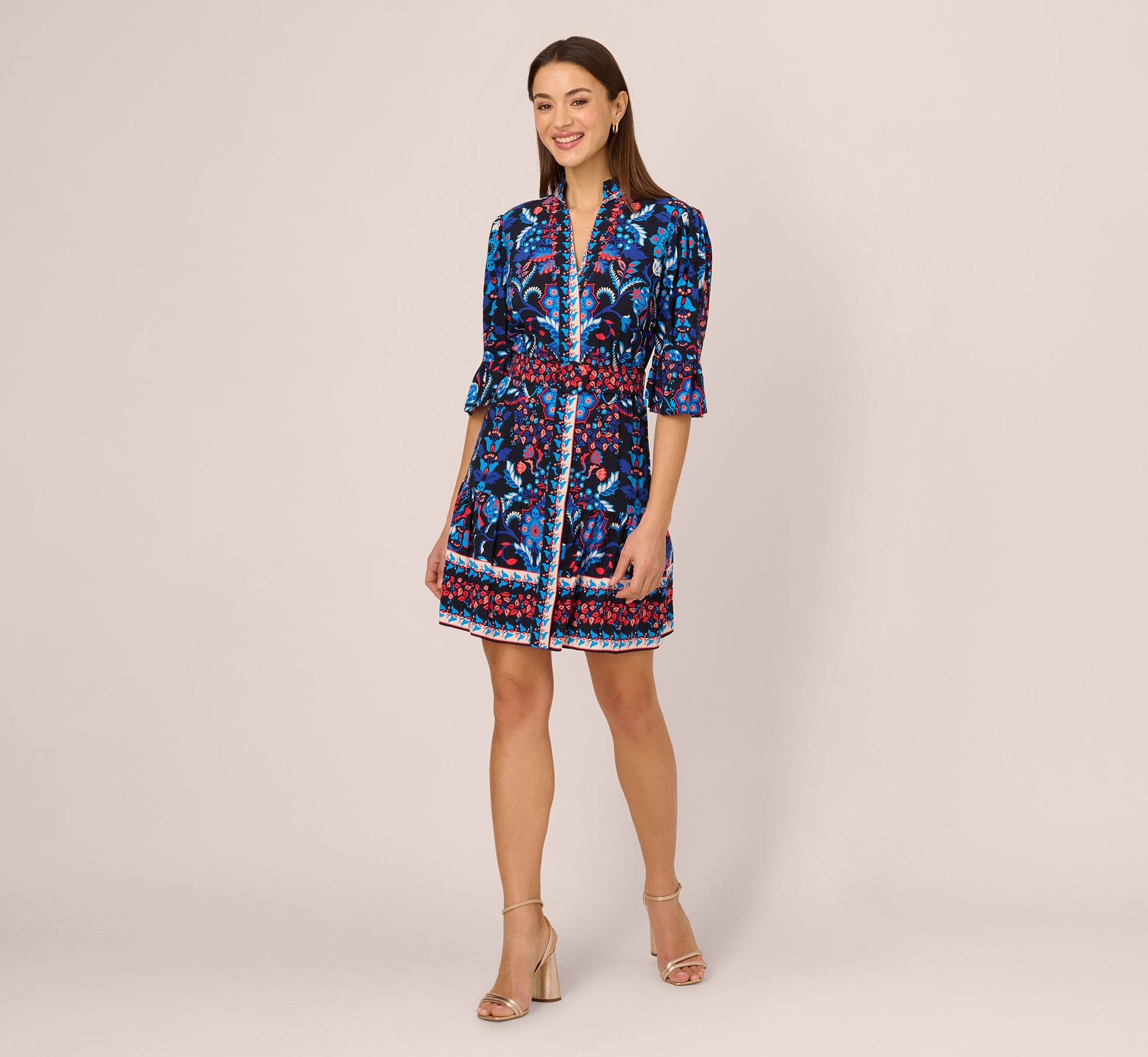 Abstract Print Button Down Dress with Three Quarter Bell Sleeves - Navy Multi Color Floral Pattern Casual Boho Chic Dress for Women, Perfect for Office, Date Night and Summer Outings