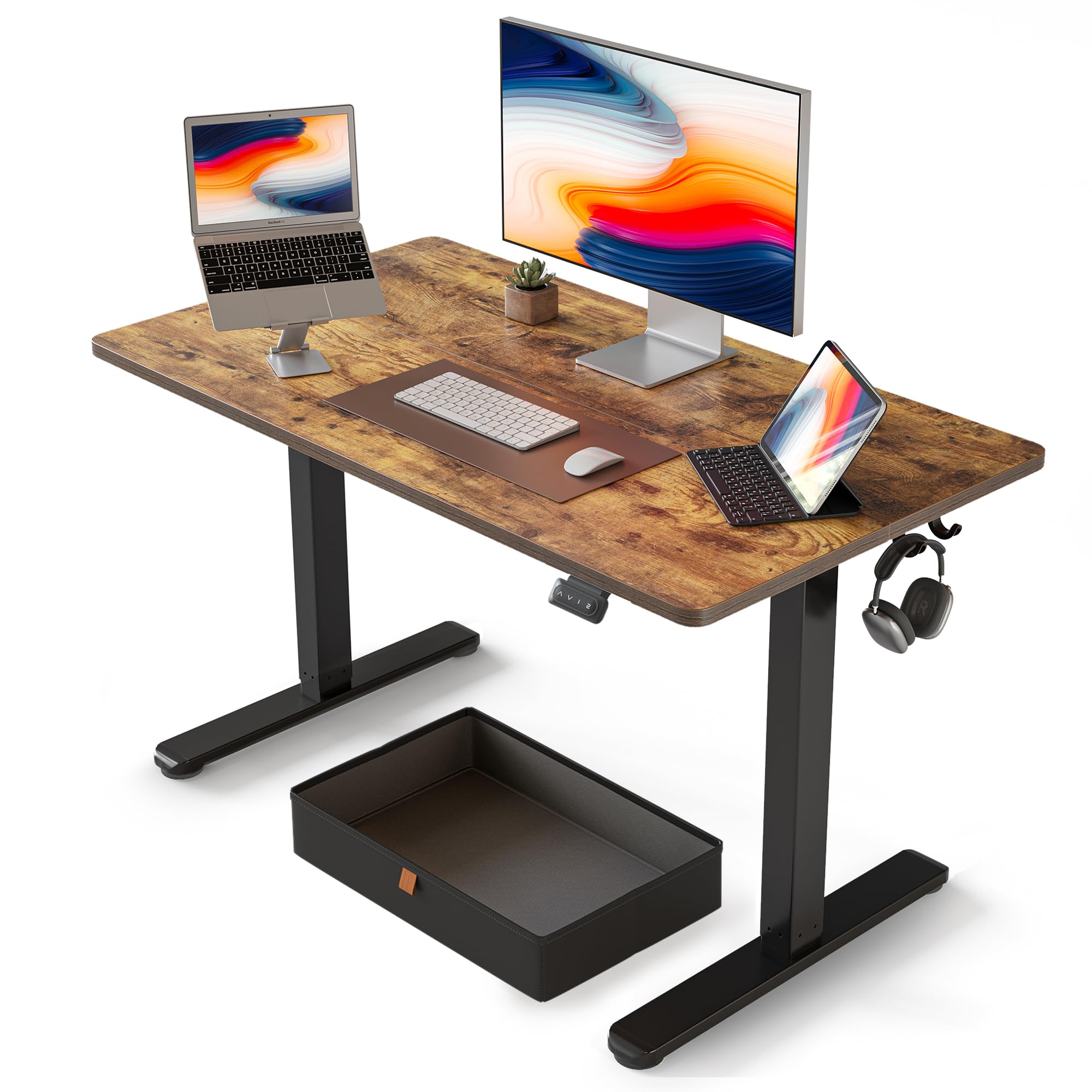 FEZIBO 40 x 24 Inches Electric Standing Desk with Drawer - Adjustable Height Sit Stand Desk with Storage, Ergonomic Home Office Computer Desk in Rustic Brown - Perfect for Remote Work, Gaming & Small Spaces