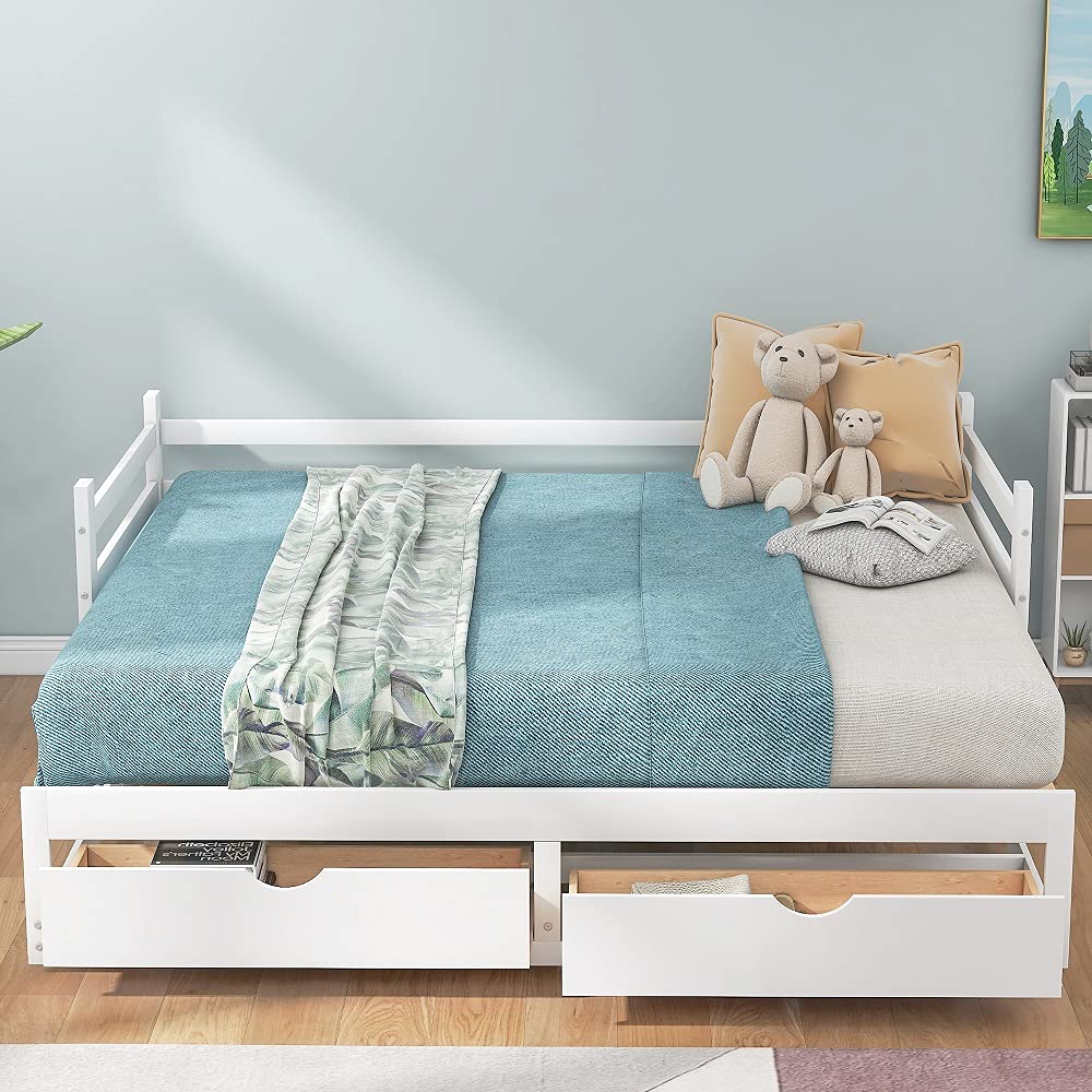 Solid Wood Twin Over Twin/Full/King Bunk Bed with 2 Storage Drawers & Ladder - Convertible to Daybed or Loft Bed - Kids Bedroom Furniture for Small Spaces & Sleepovers (White)