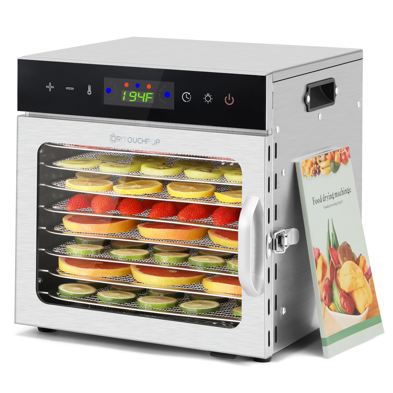8-Tray Stainless Steel Food Dehydrator with Precise 194°F Temperature Control & Touch Timer - Perfect for Making Beef Jerky, Dried Fruits, Dog Treats, Herbs, Veggies & Healthy Snacks - Ideal for Home Kitchen, Camping & Meal Prep