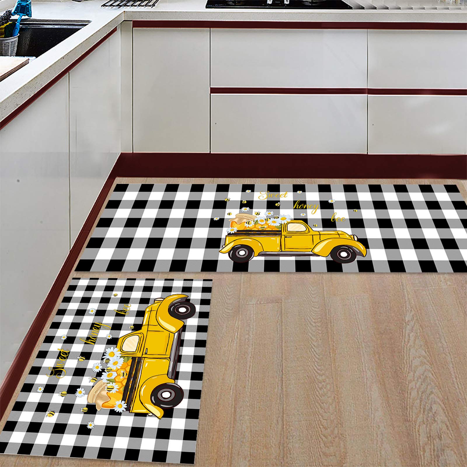 2-Piece Anti-Fatigue Kitchen Rug Set - Sweet Bee & Yellow Truck Design with Honeycomb & Daisy Patterns, Black & White Checkered Non-Slip Floor Mats for Home Kitchen - Perfect for Cooking, Baking & Comfortable Standing