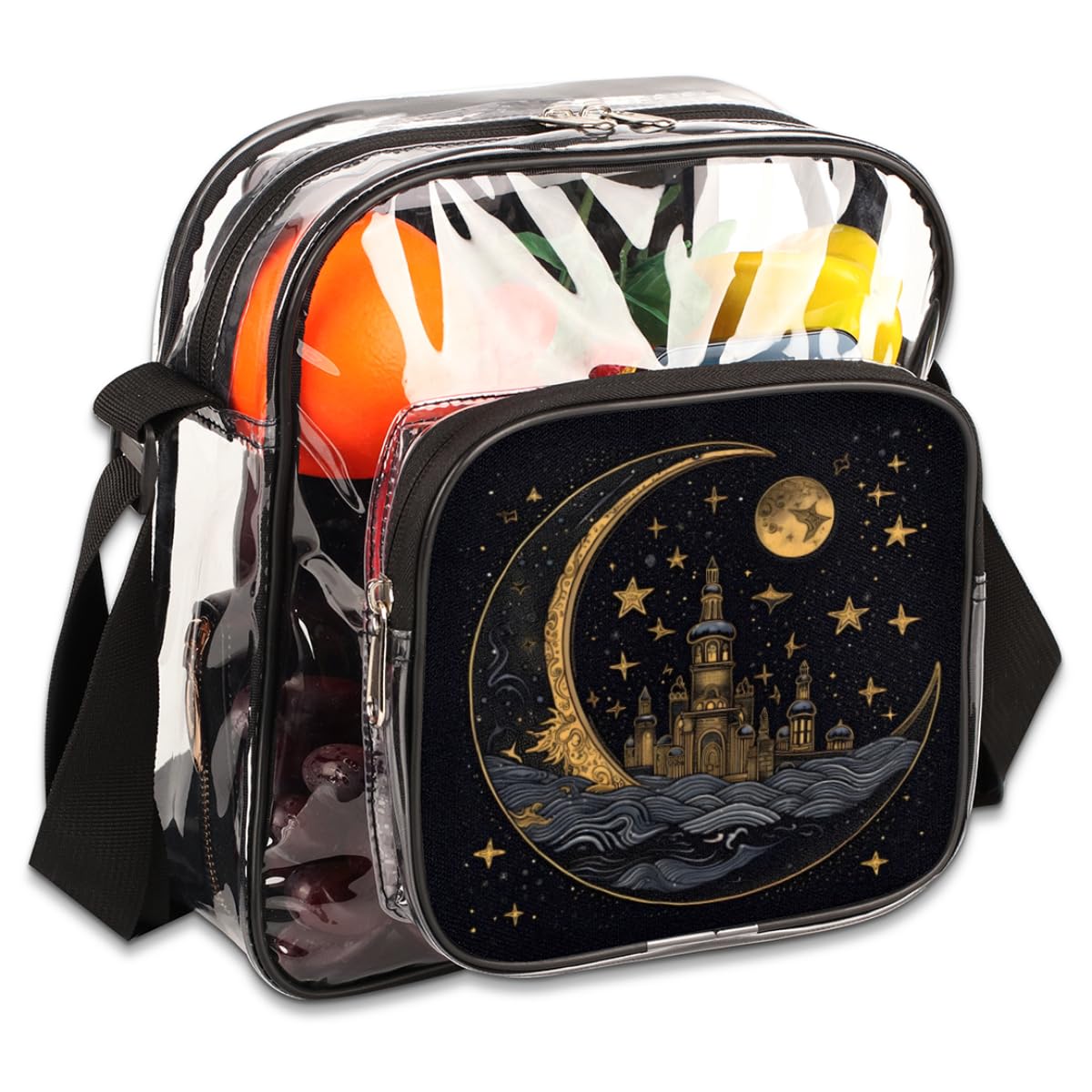 Sun Moon Clear Crossbody Purse Bag - Gold & Black Moon Pattern Stadium Approved Clear Bag for Women & Men | Perfect for Concerts, Festivals, Sports Events & Travel Security Checks