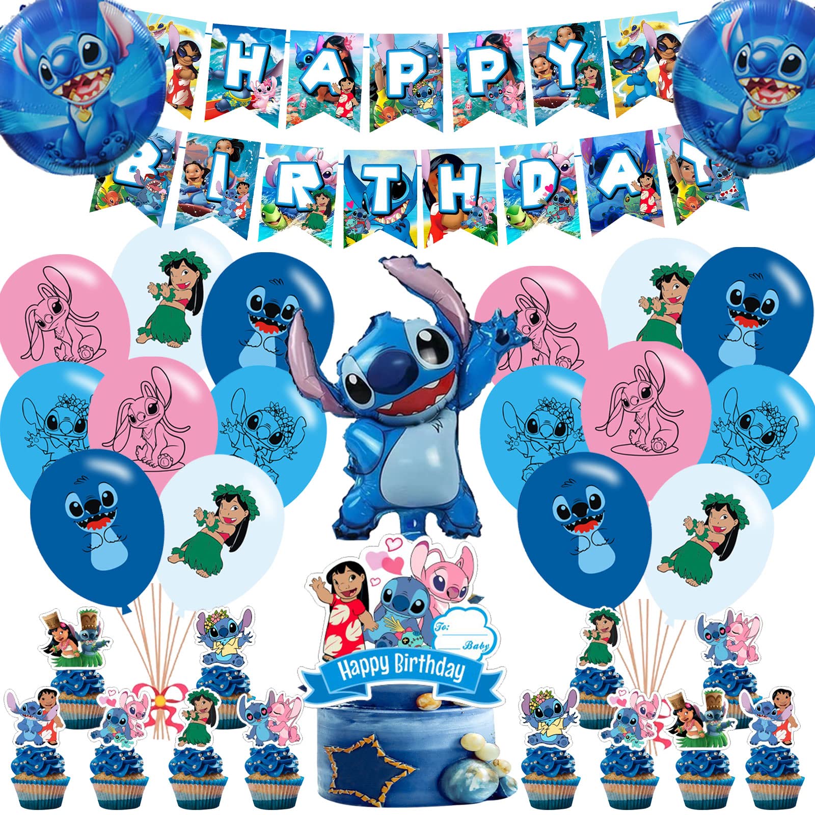 Lilo & Stitch Birthday Party Decorations Set - Includes Banner, Cake Topper, 12 Cupcake Toppers, 18 Balloons & 3 Foil Balloons - Perfect for Disney Themed Parties, Baby Showers & Kids Birthday Celebrations