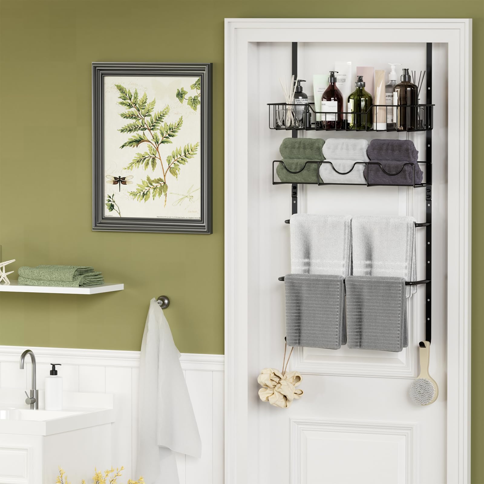 4-Tier Adjustable Over The Door Towel Rack with Storage Basket - Space Saving Bathroom Towel Holder for Bath, Shower & Kitchen Organization - Perfect for Small Spaces, Apartments & Dorm Rooms