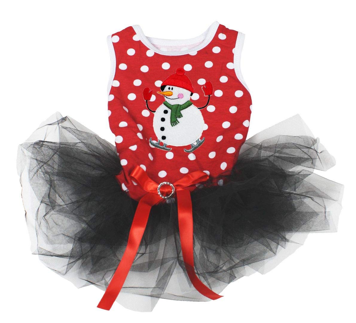 Petitebella Red Hat Snowman Puppy Dog Dress - Festive Christmas Pet Costume (Red Dots/Black, Small) for Holiday Photos & Parties