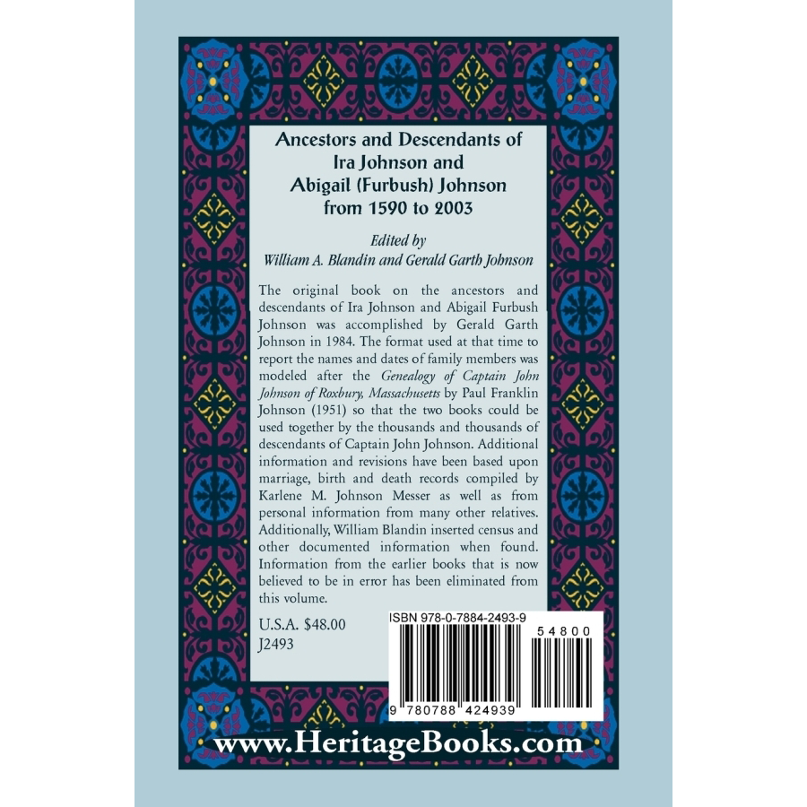Genealogy Book: Ancestors & Descendants of Ira Johnson & Abigail Furbush Johnson (1590-2003) | Family History Research & American Heritage Gift