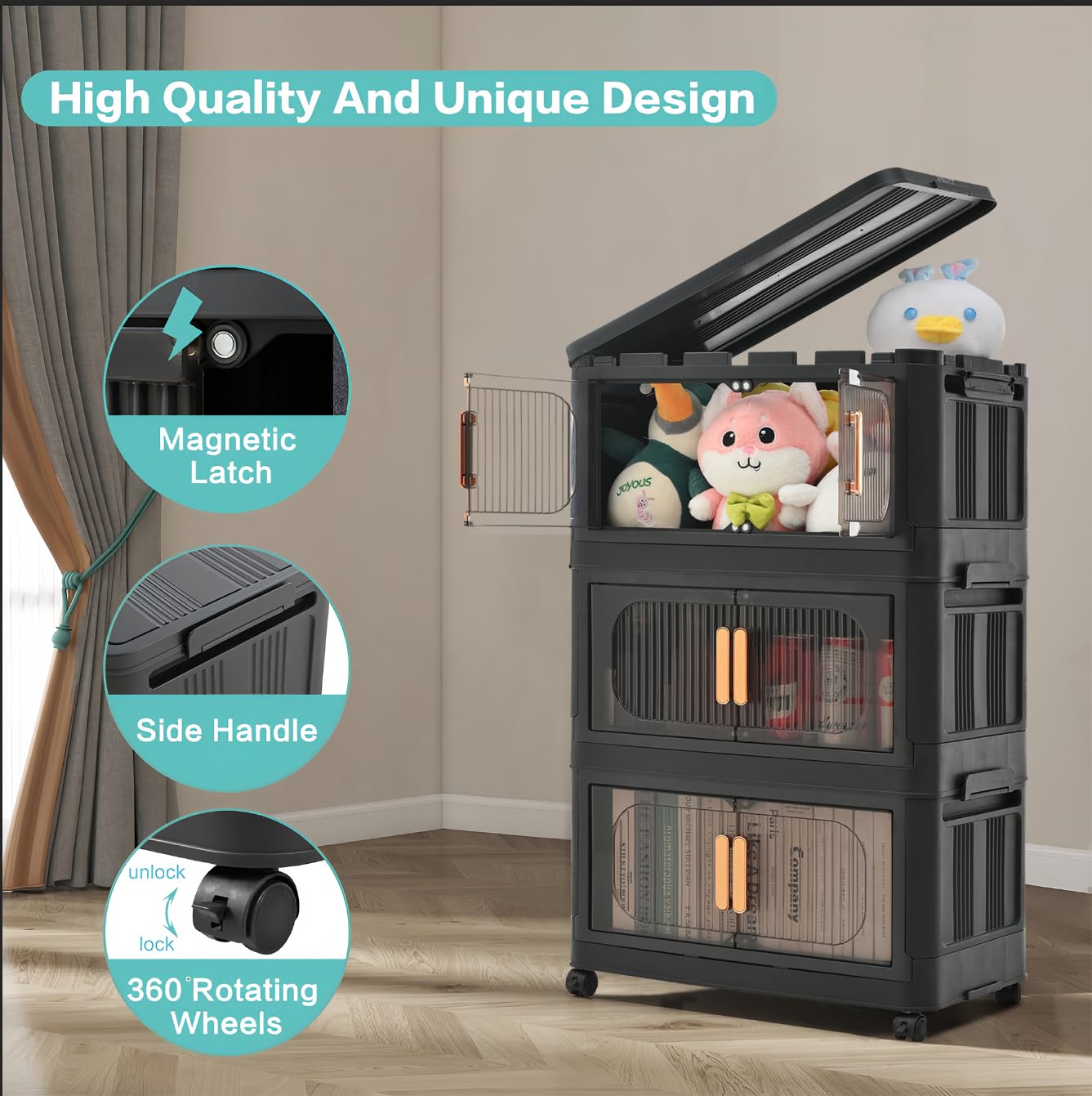 Holaki 5-Tier Collapsible Closet Organizer with Lids - Stackable Plastic Storage Bins with Wheels & Magnetic Door for Bedroom, Closet, Office (Black) - Space Saving Storage Solution for Clothes, Toys & Home Organization