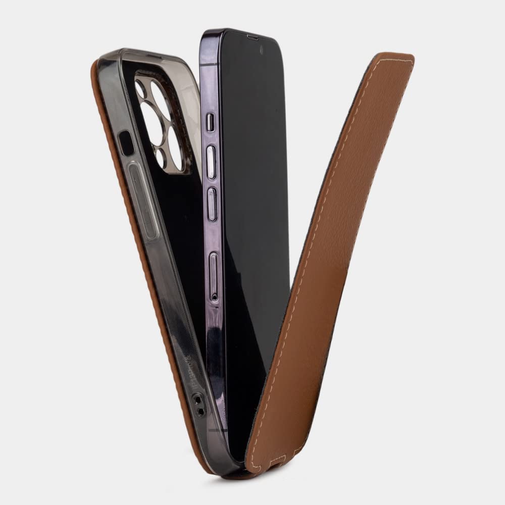 Genuine Leather Flip Case for iPhone 13 Pro Max - Premium French-Made Patented Design - Caramel Brown - Slim Protective Cover for Everyday Use & Business Style
