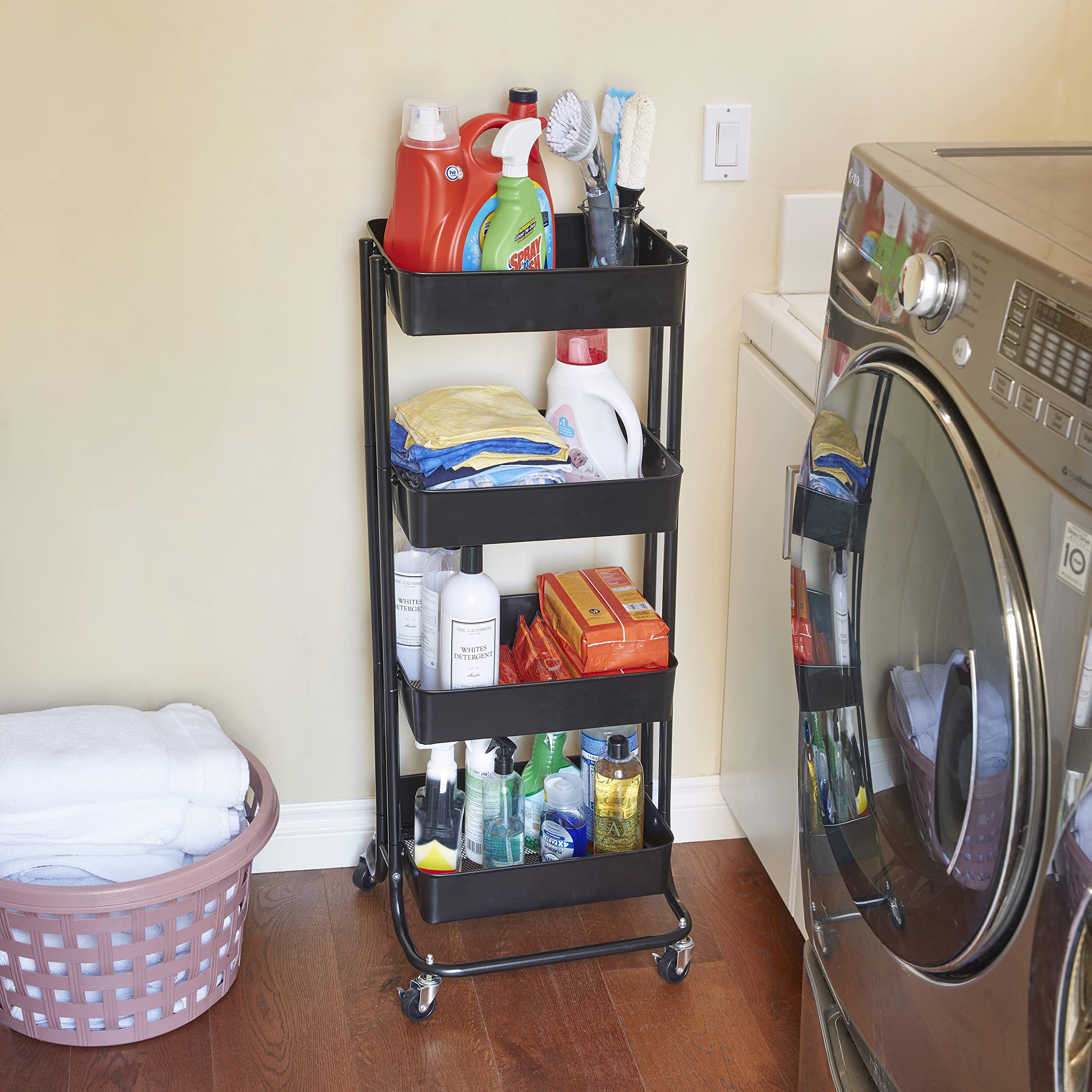 ECR4Kids 4-Tier Metal Rolling Utility Cart with Wheels - Black Multipurpose Storage Organizer for Kitchen, Office, Classroom, Craft Room & Home Organization