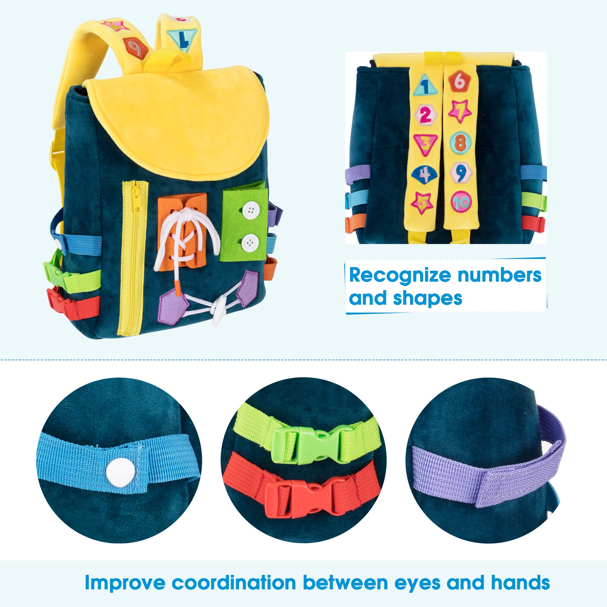 Busy Board for Toddlers - Educational Backpack with Buckles & Learning Activity Toys - Develop Fine Motor & Life Skills - Learn to Tie Shoes - Perfect Travel Toy for Kids - Ideal for Airplane, Car Rides & Preschool Learning