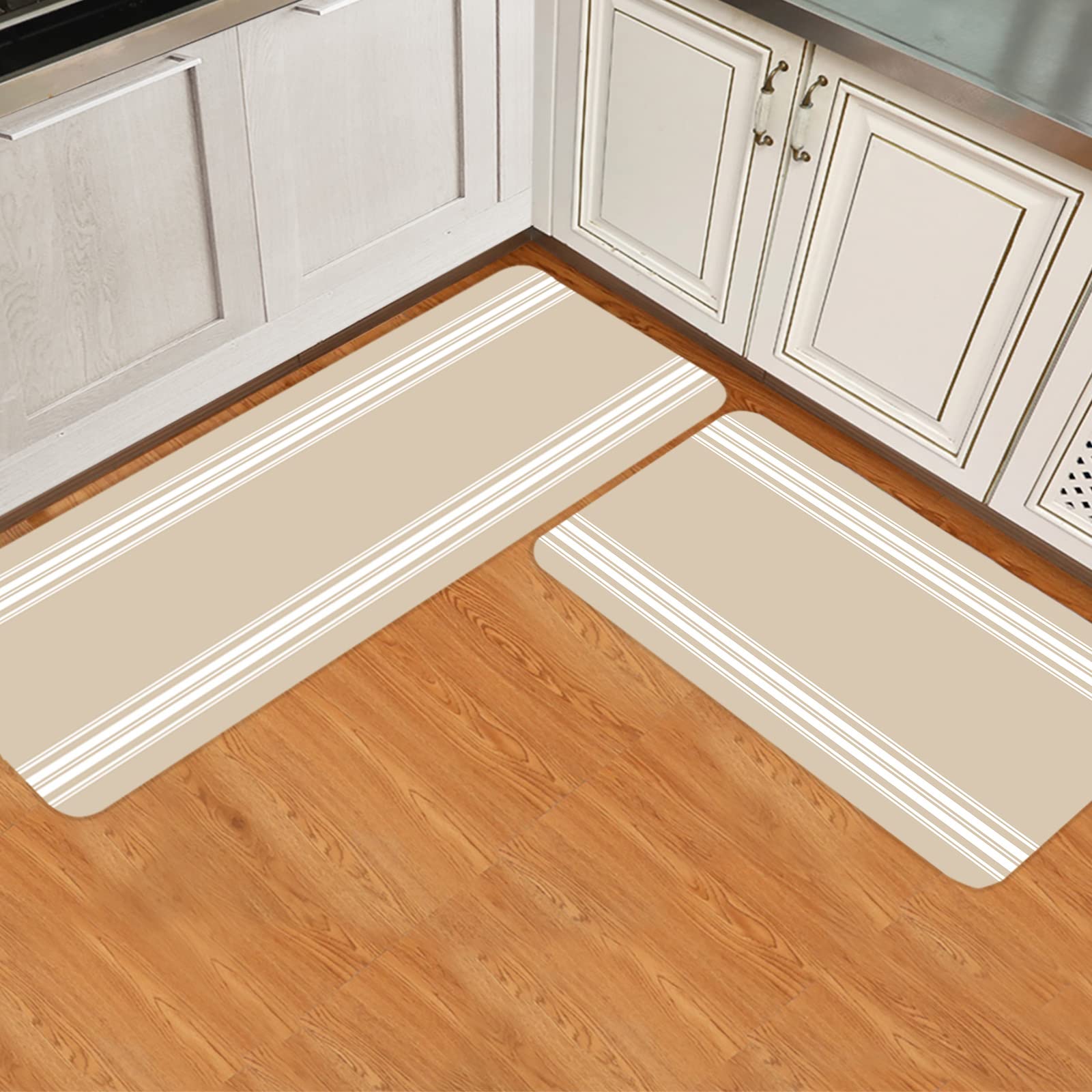 Non-Slip Khaki Striped Kitchen Rugs and Mats Set - 1009 Pieces, Washable Absorbent Indoor Floor Carpet for Sink, Entryway, and Farmhouse Decor - Perfect for Kitchen, Bathroom, and High-Traffic Areas