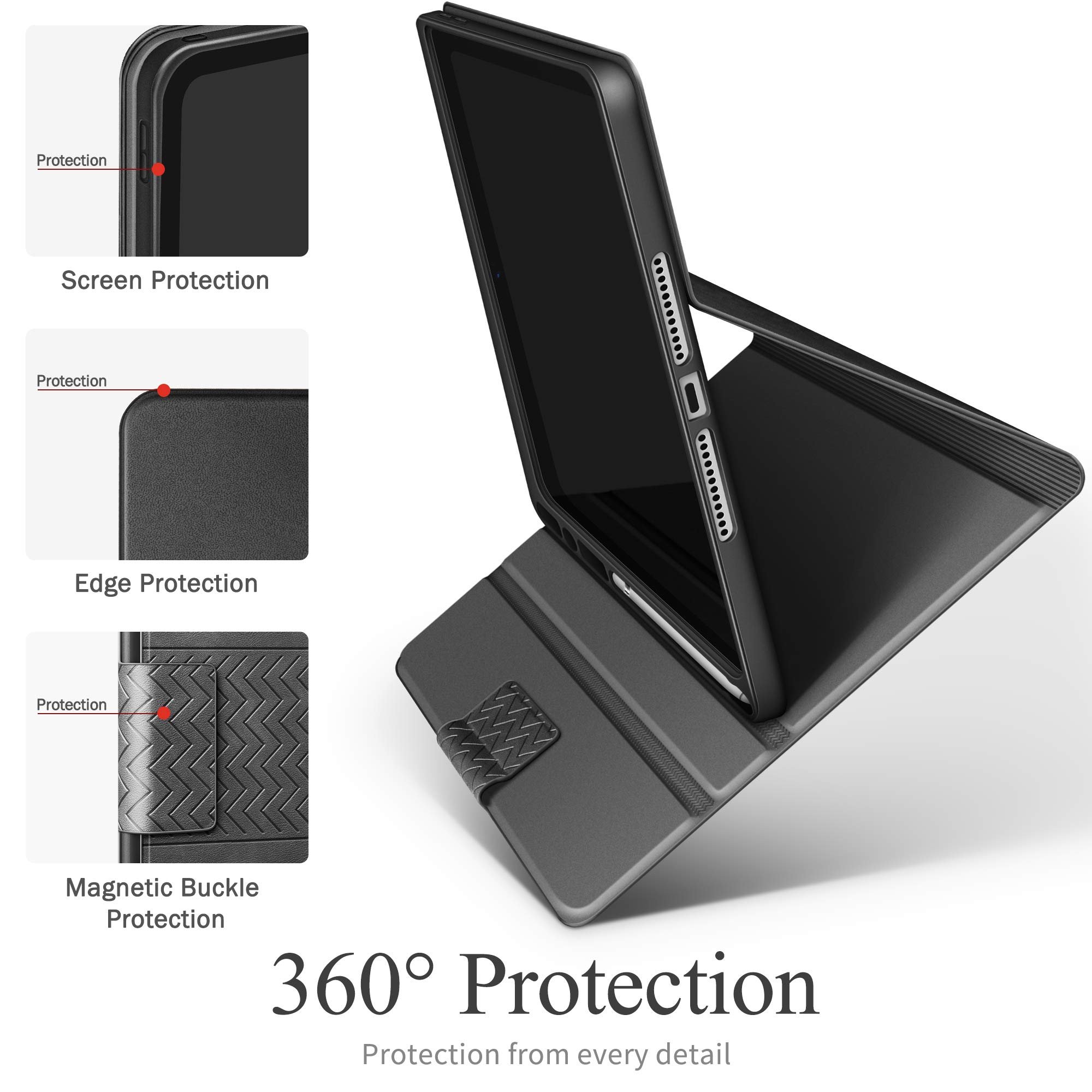 Premium Vegan Leather iPad Case for iPad 9th/8th/7th Gen 10.2 inch (2021/2020/2019 Models) - with Apple Pencil Holder & Auto Sleep/Wake Smart Cover - Protective Gray Cover for Work, School & Travel