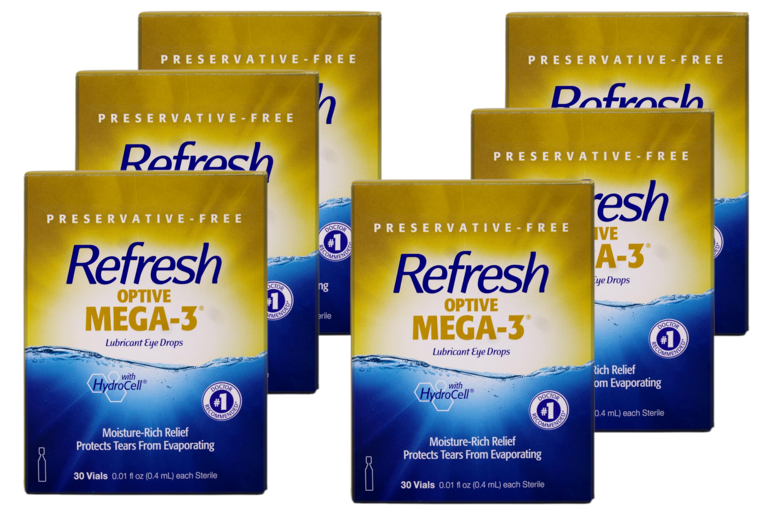 Refresh Optive Mega-3 Lubricant Eye Drops with Flaxseed Oil - 30 Count (Pack of 6) | Dry Eye Relief for Contact Lens Wearers & Computer Users | Long-Lasting Hydration for Irritated Eyes