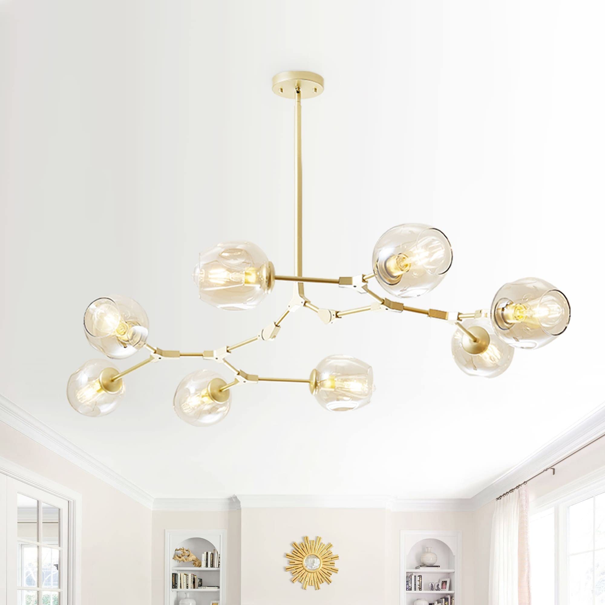 8-Light Modern Mid Century Sputnik Chandelier - Adjustable Amber Glass Pendant Light Fixture for Hallway, Foyer & Dining Room | Vintage Inspired Ceiling Lighting for Home Decor