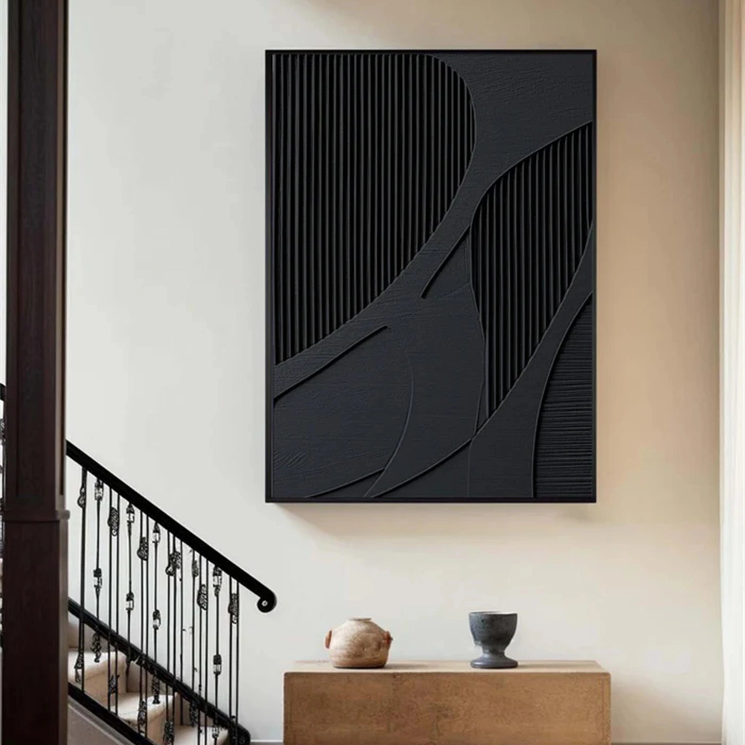 Black Plaster Art Minimalist Textured Painting - Modern Abstract Wall Decor for Living Room, Bedroom & Office | #MZ034