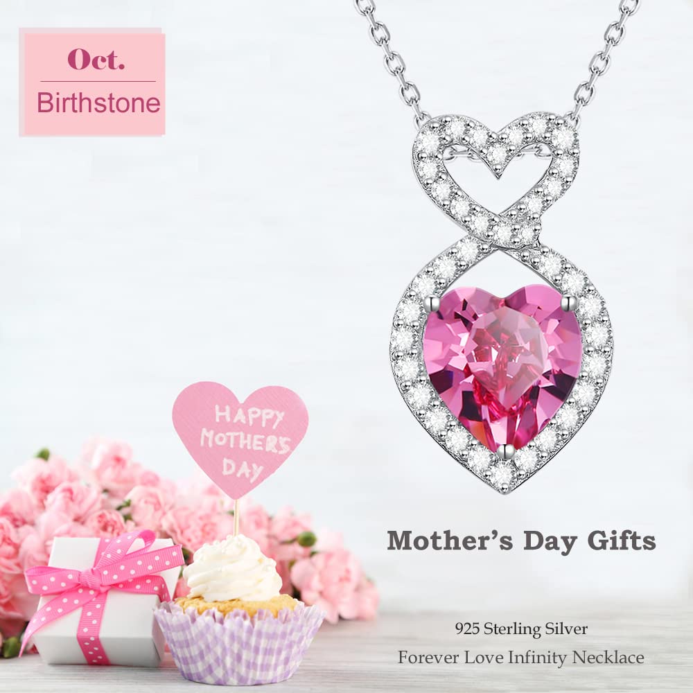October Birthstone Necklace for Women - Sterling Silver Pink Tourmaline Double Heart Infinity Pendant - Mothers Day Gift, Birthday Present for Wife & Mom - Perfect for Anniversaries, Valentines & Special Occasions