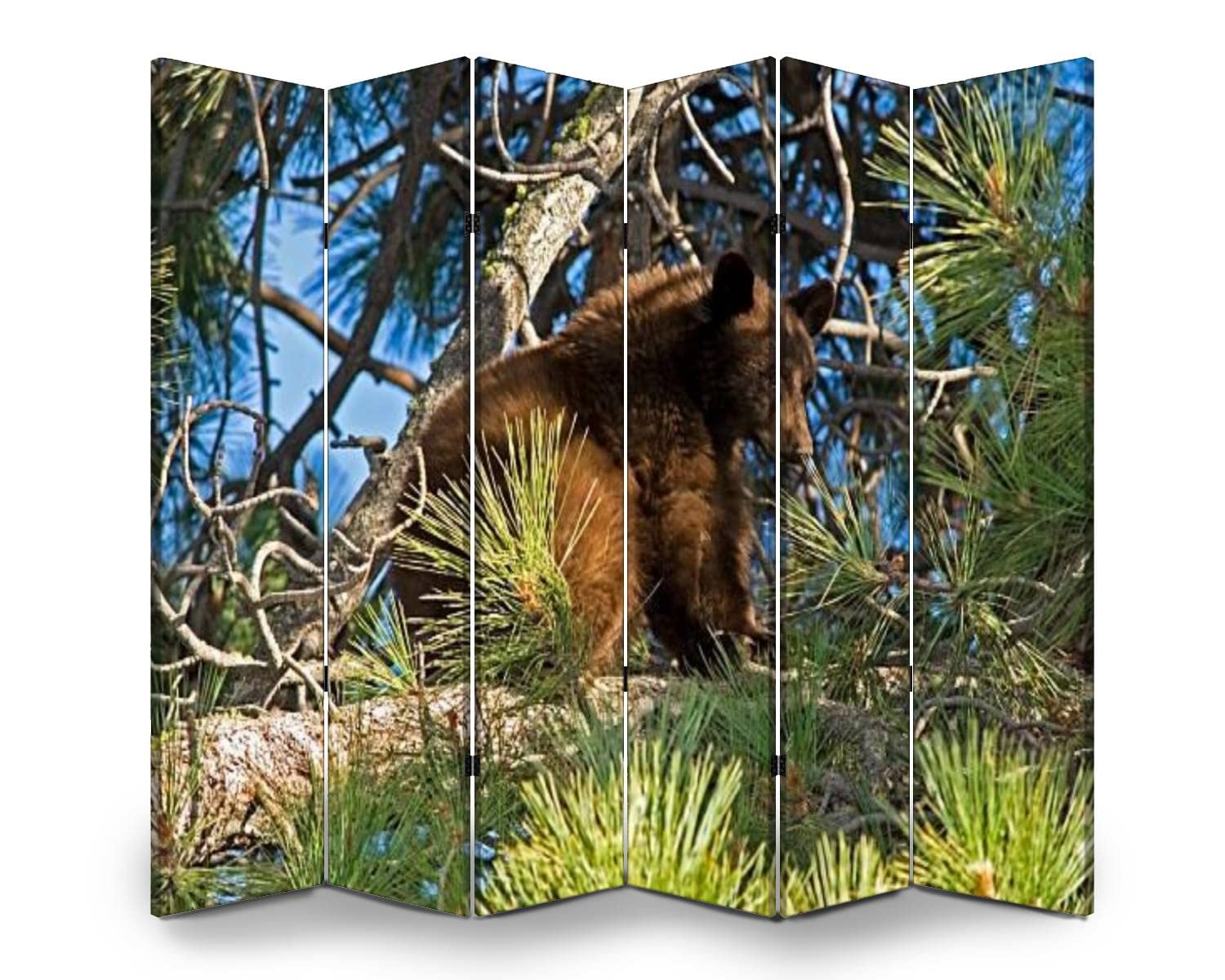 Black Bear Cub Wood Screen Room Divider - 6 Panel Folding Privacy Partition with Dual-Sided Canvas for Home & Office - Perfect for Room Separation, Nursery Decor, and Indoor Display Shelves