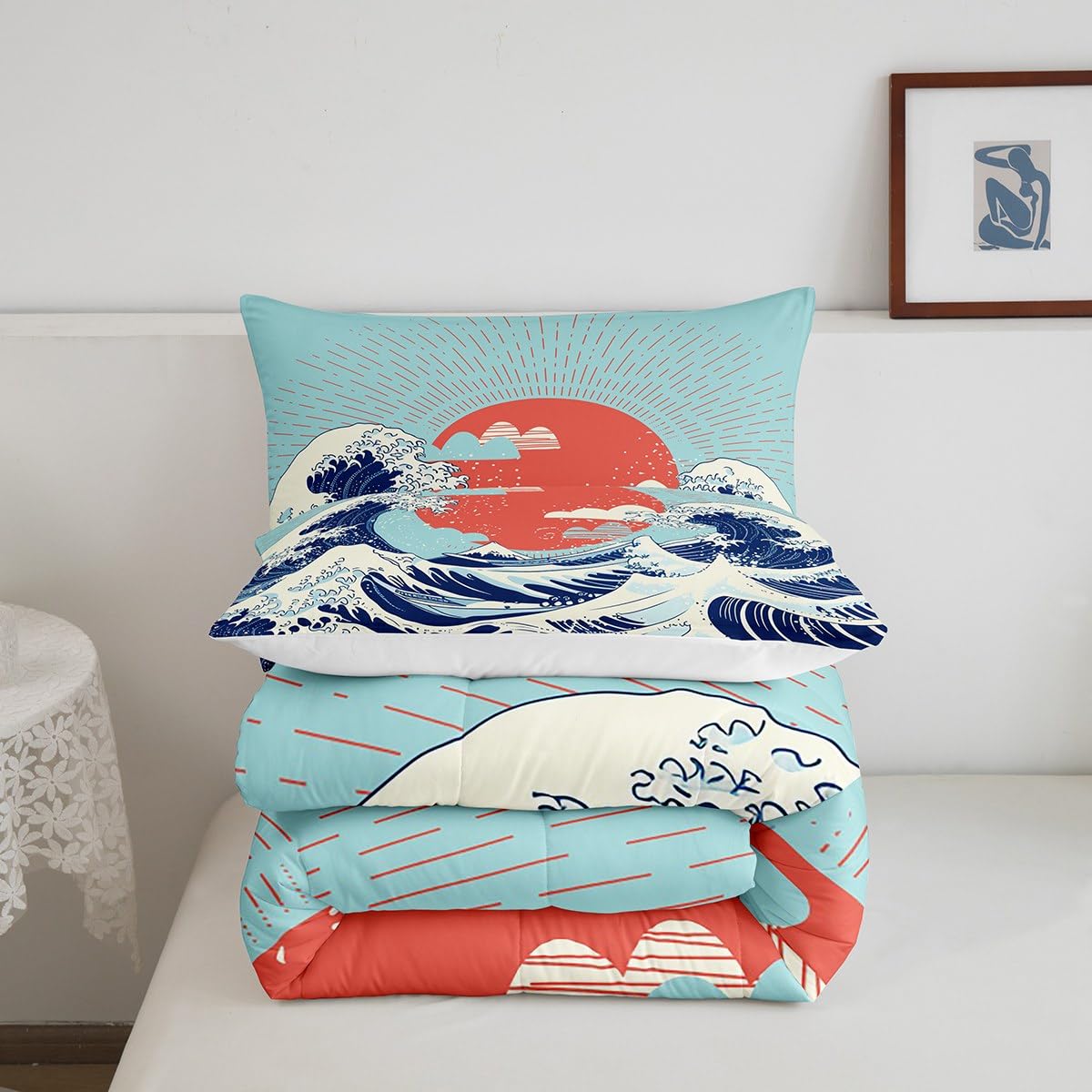 Erosebridal Japanese Style Sea Wave Comforter Set Twin Size - Mount Fuji Ocean Theme Duvet Cover, Super Soft Breathable Bedding in Red, Yellow & Blue | Perfect for Coastal Themed Bedrooms, Guest Rooms & Vacation Homes