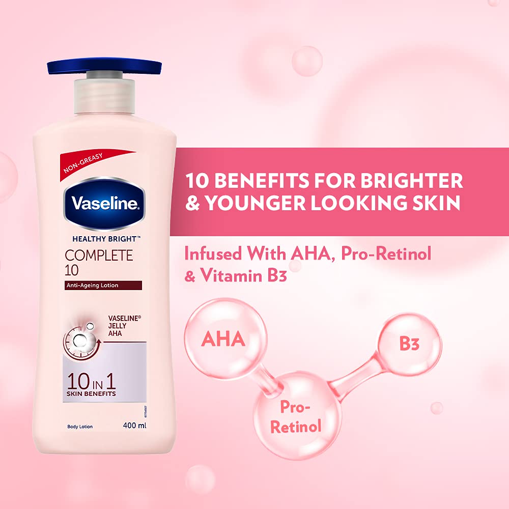 Vaseline Healthy Bright Complete 10 Body Lotion with Vitamin B3, AHA & Pro-Retinol - Anti-Aging Moisturizer for Brighter Skin - 13.5 fl oz (400ml) - Perfect for Daily Hydration & Nighttime Skin Repair