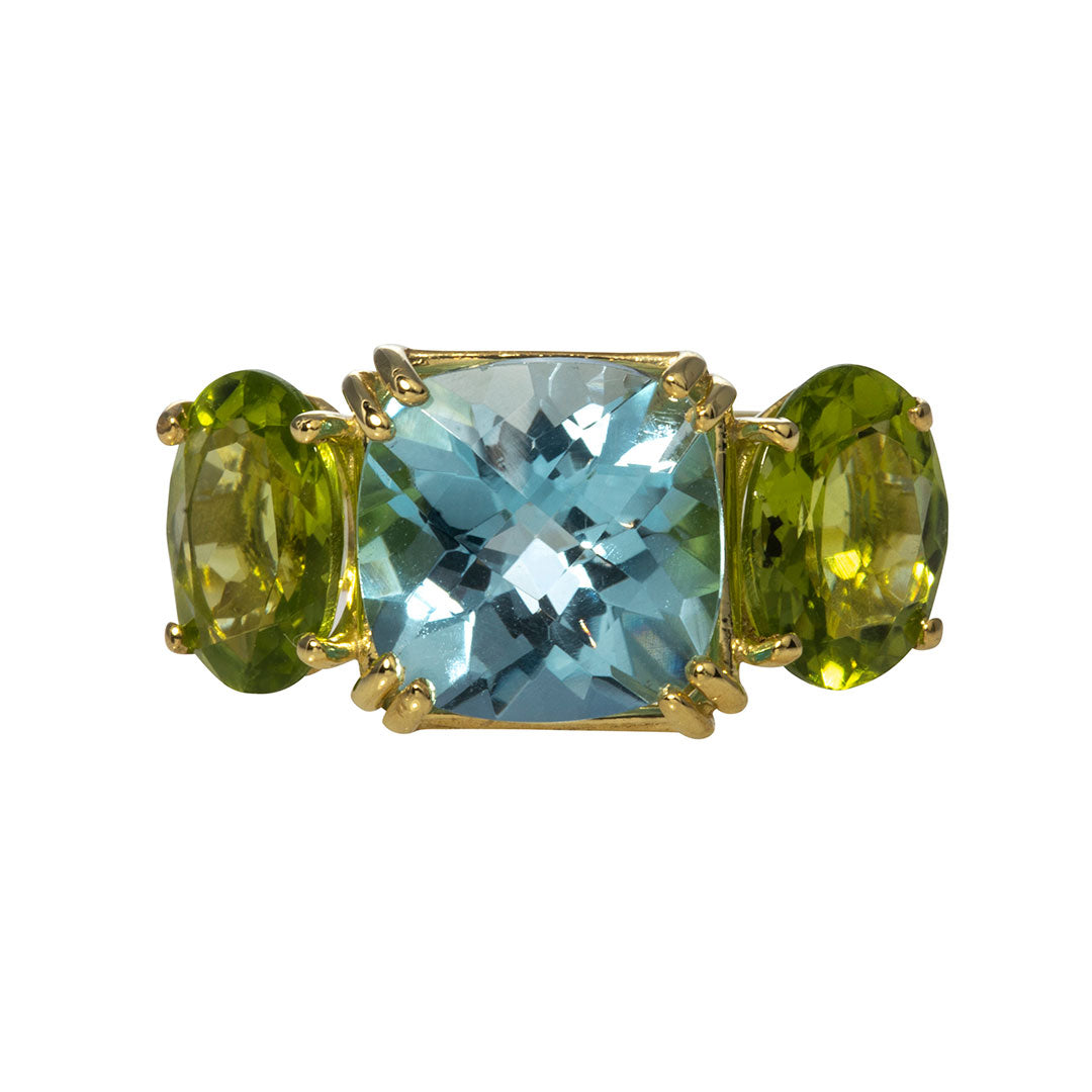 14K Yellow Gold Blue Topaz & Peridot Three Stone Ring - Elegant Jewelry for Engagement, Anniversary & Special Occasions