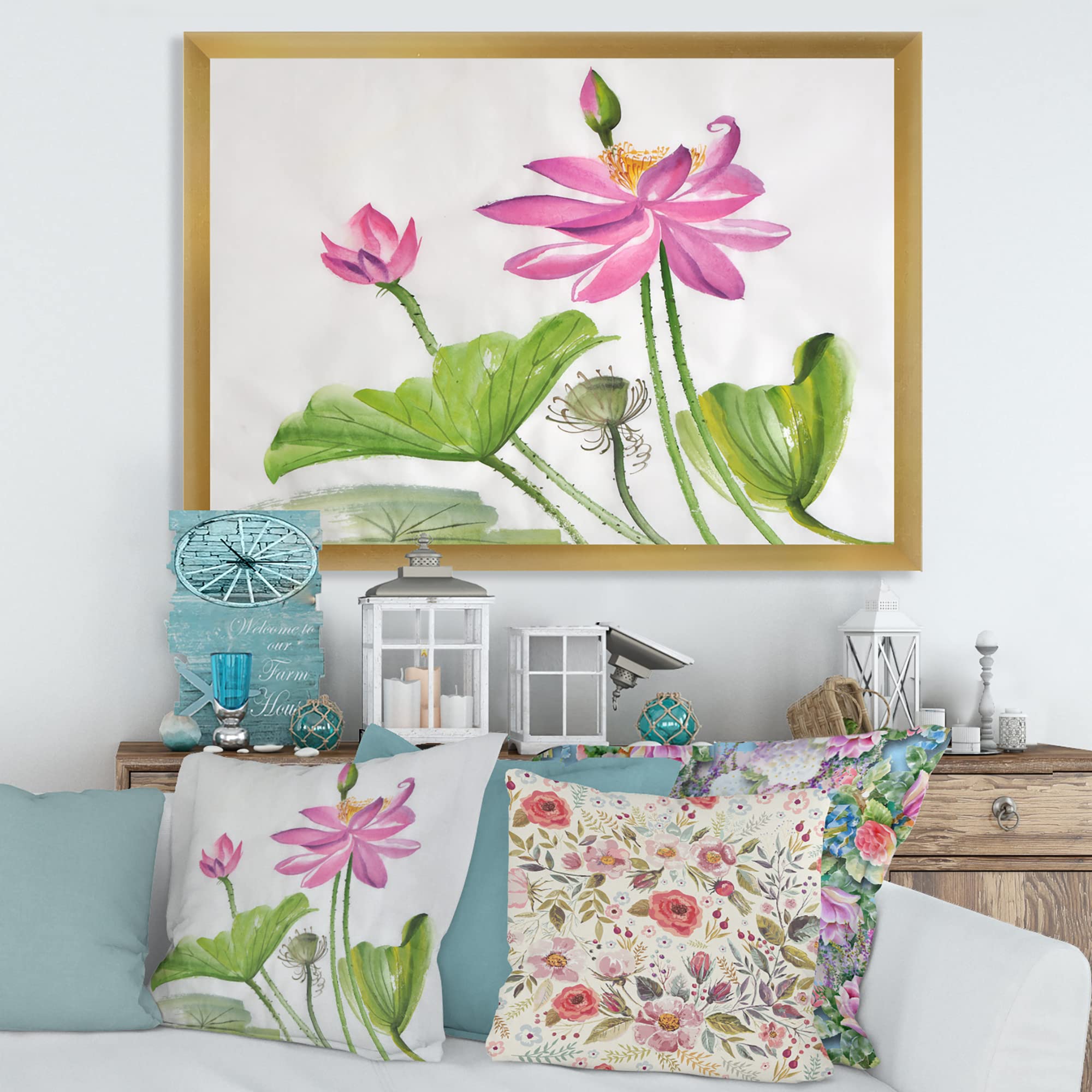 DesignQ Traditional Framed Wall Art - Two Pink Lotus Flowers Painting for Living Room, Bedroom & Office Decor