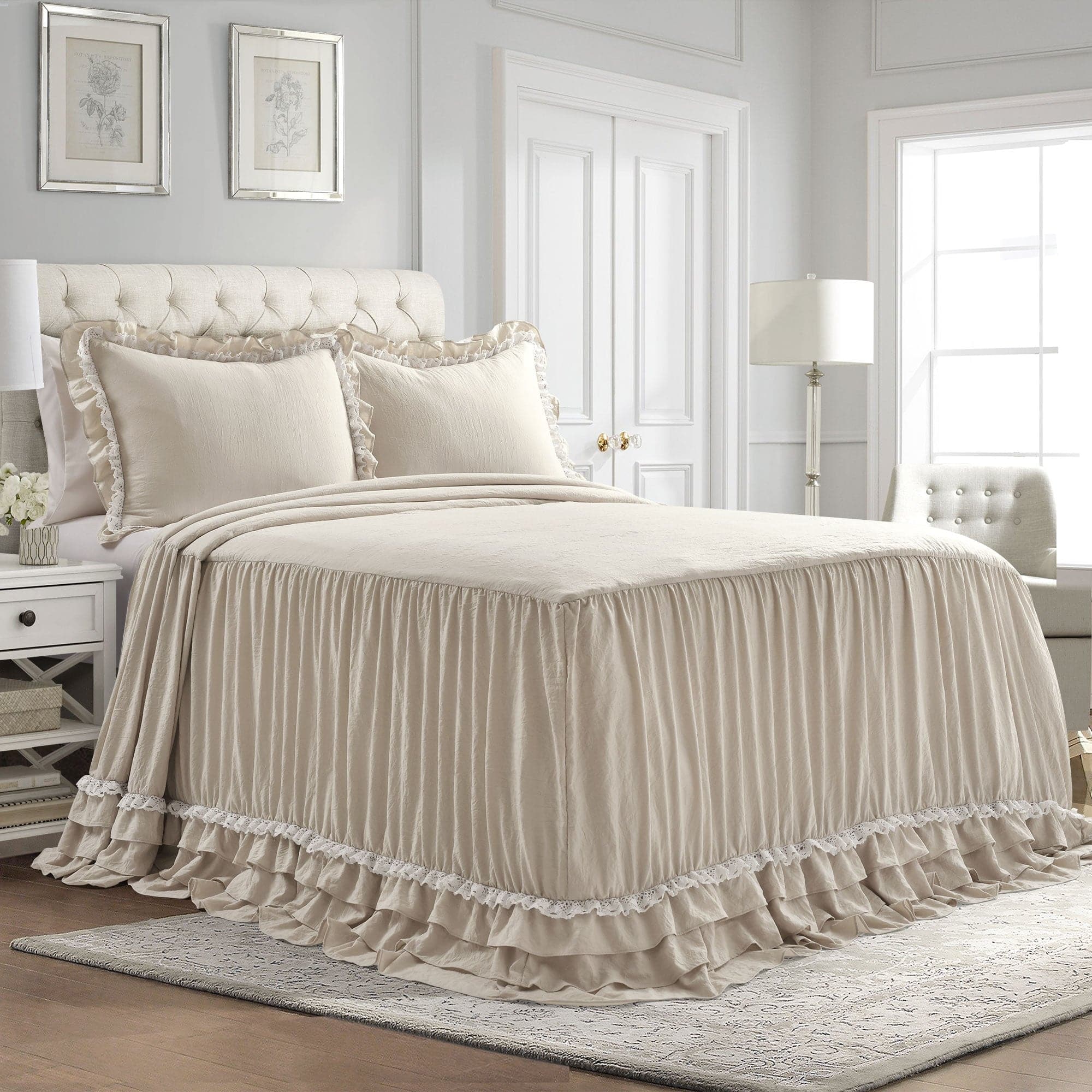 Ella Ruffle Lace 3-Piece Bedspread Set - Queen Size Luxury Lace Bedding for Master Bedroom & Guest Room Decor