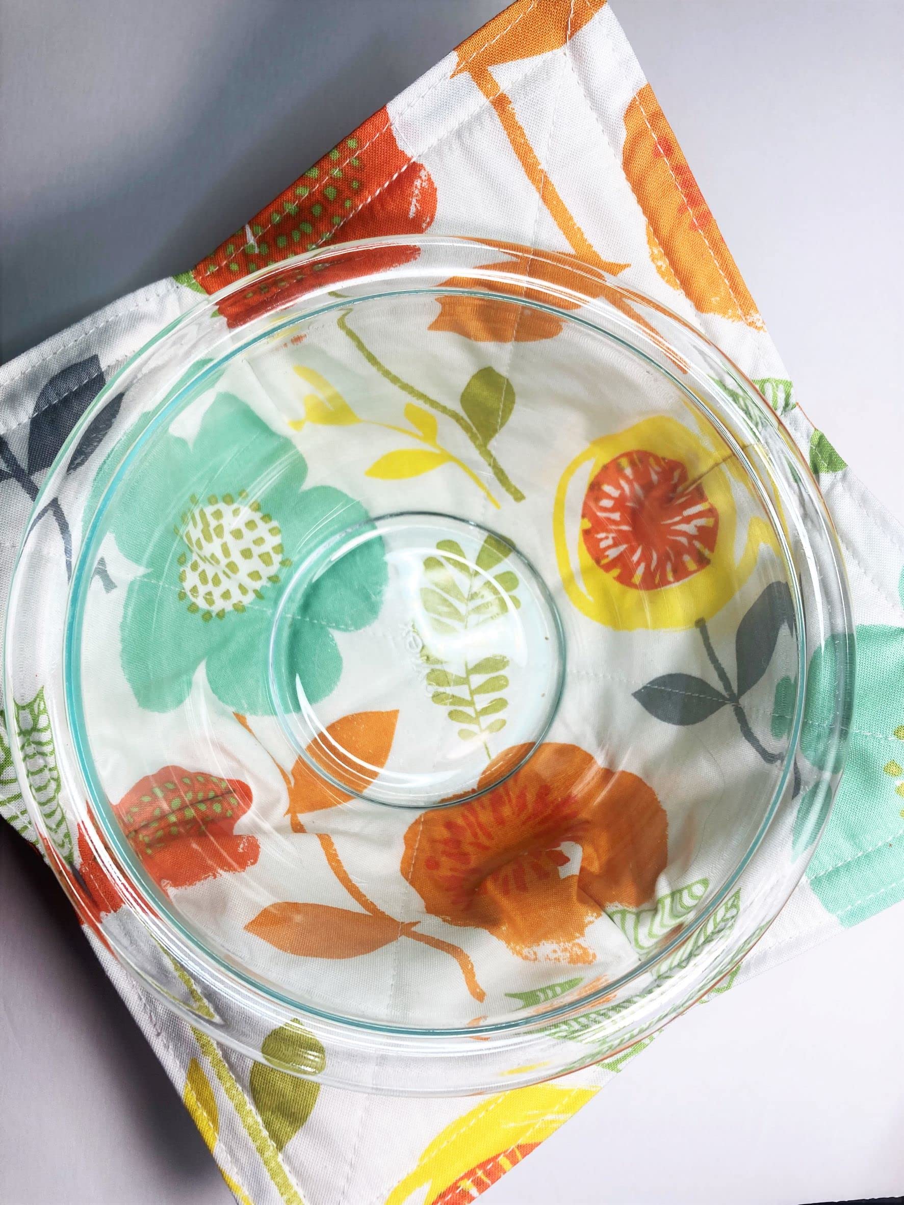 Set of 2 Microwave Bowl Cozies - 8.5 Inch Heat Resistant Cotton Bowl Holders for 8 Inch Bowls, Modern Floral Print (Orange Yellow Aqua) - Perfect for Hot Soup, Oatmeal & Microwave Meals