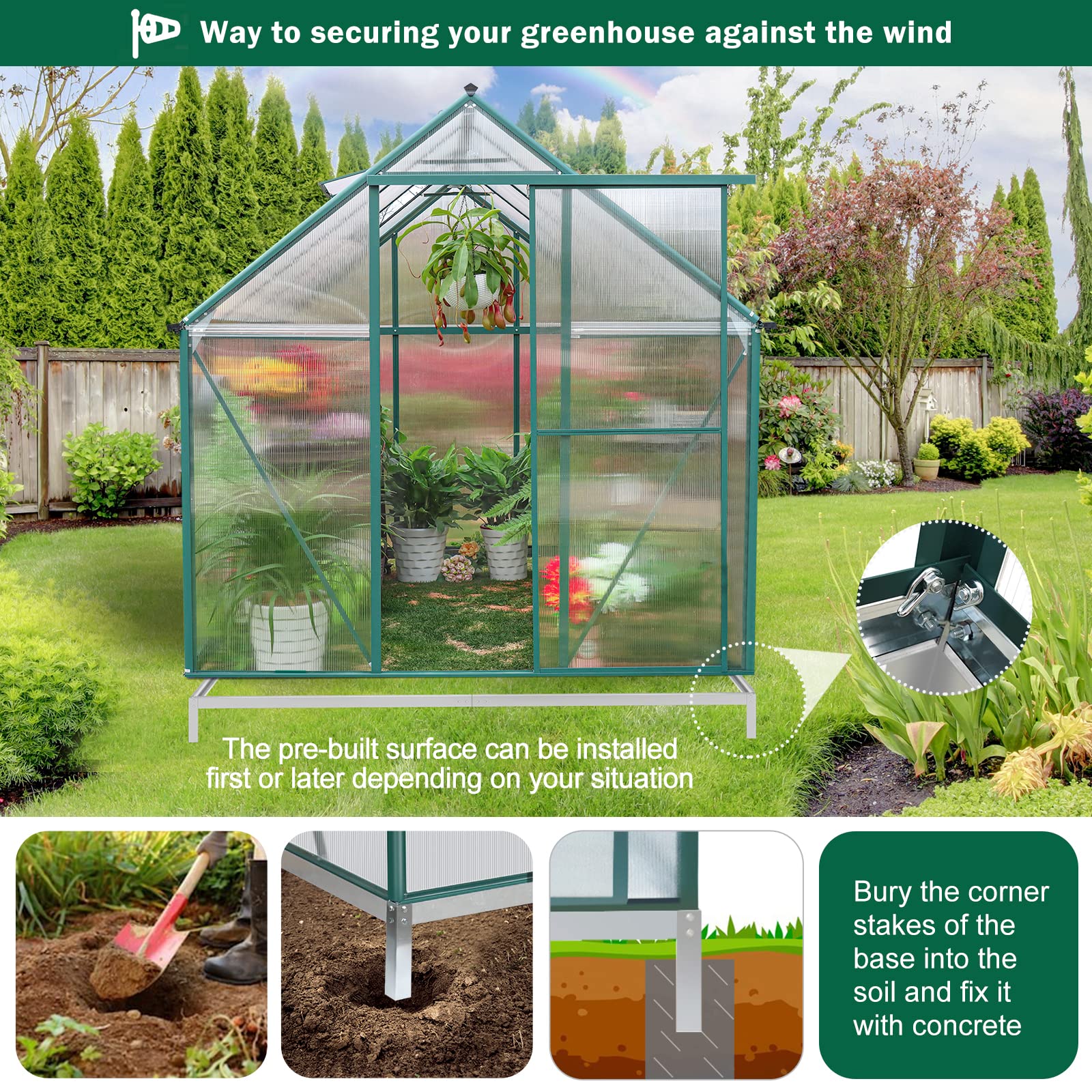 6.2x10.2 FT Heavy Duty Walk-In Greenhouse - Polycarbonate Panels & Aluminum Frame with 2 Vent Windows & Lockable Door - Perfect for Outdoor Gardening, Backyard Plant Nursery & Year-Round Growing