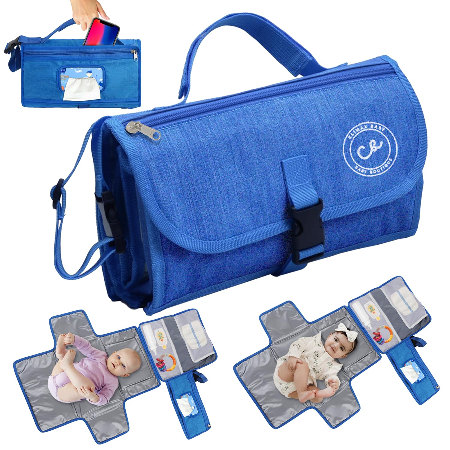 Portable Waterproof Diaper Changing Pad for Newborns - Travel Baby Changing Mat with Wipes Pocket - Blue Changing Pad for Boys & Girls | Perfect for On-the-Go Parents, Daycare & Travel Use
