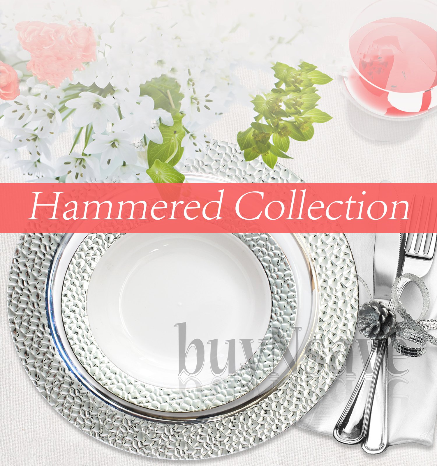 Elegant Heavyweight Plastic Disposable Plates - White & Silver Hammered Collection (40-Pack, 7