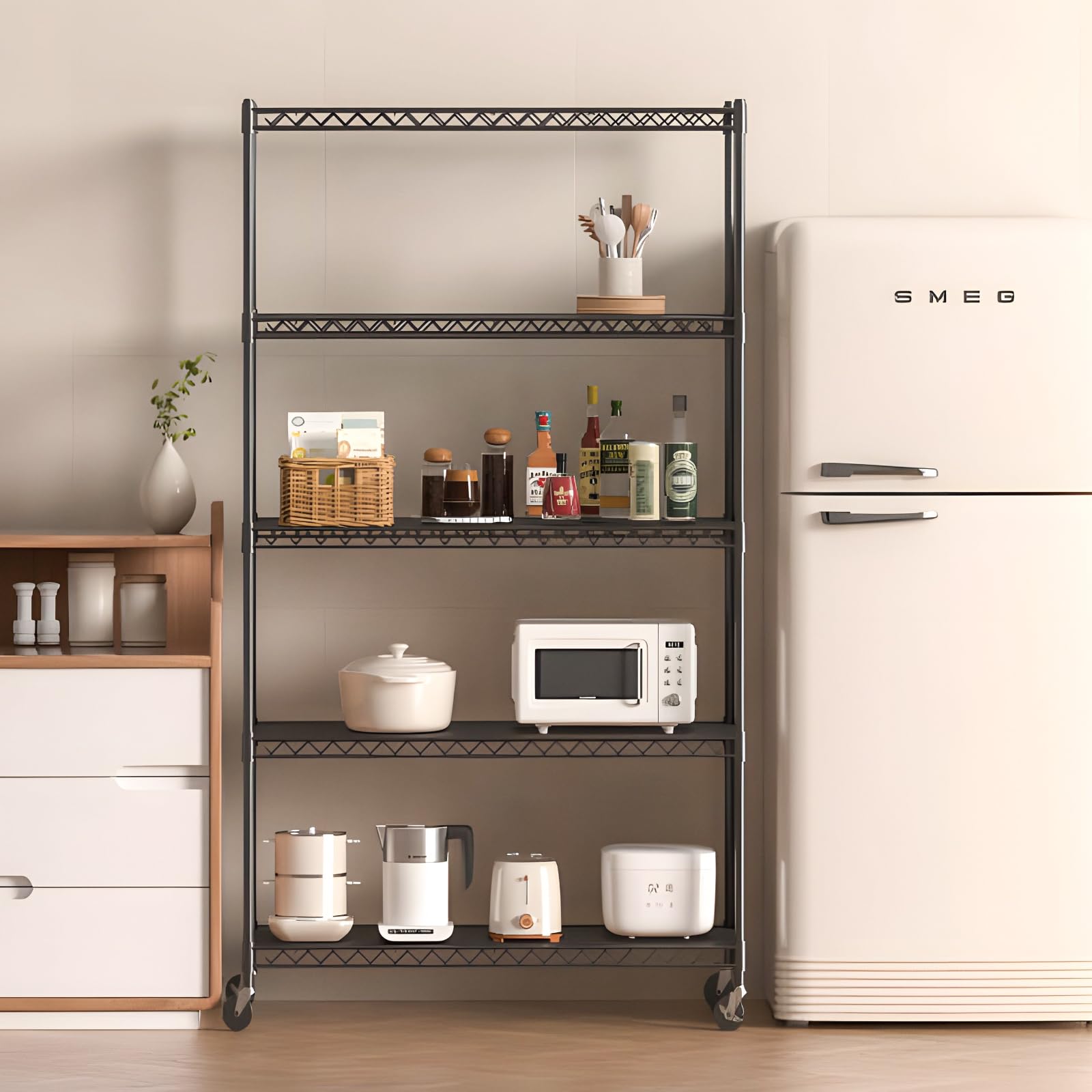5-Tier Adjustable Heavy Duty Steel Wire Storage Shelving Unit with Wheels & Adjustable Feet - 350 lbs Capacity per Shelf for Pantry, Garage, Kitchen, Office & Warehouse Organization