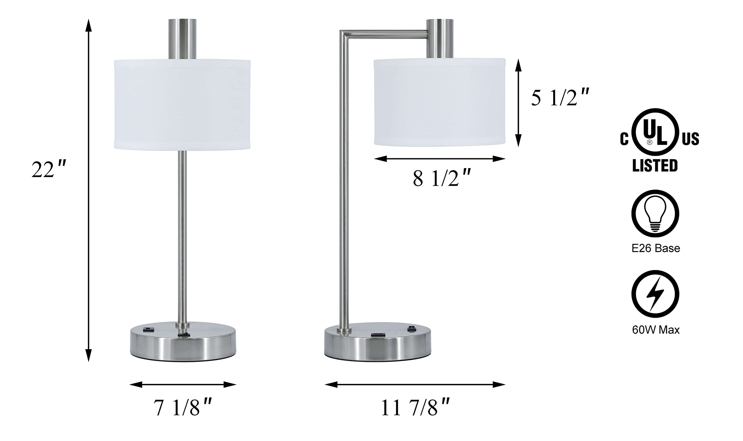 XiNBEi Modern USB Desk Lamp with Fabric Shade - Brushed Nickel Finish Table Lamp for Bedroom, Living Room & Office - Adjustable Lighting for Reading, Working & Nightstand Use - Model XB-TL1230-BN
