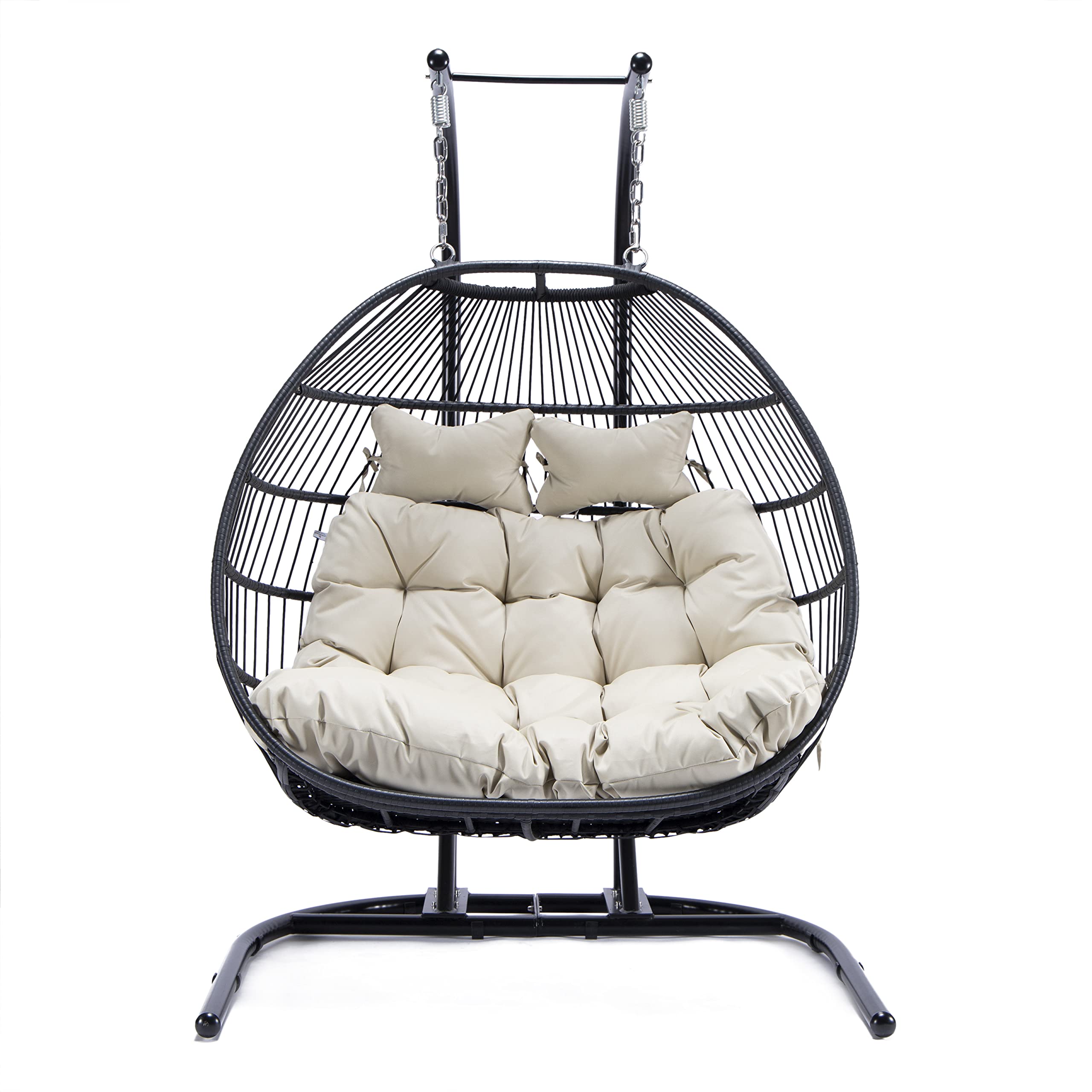 Two Person Egg Chair Swing - Double-Seat Folding Hanging Swing with Stand, Outdoor Patio Loveseat for Porch, Garden, or Backyard - Off White Hanging Egg Chair for Couples Relaxation