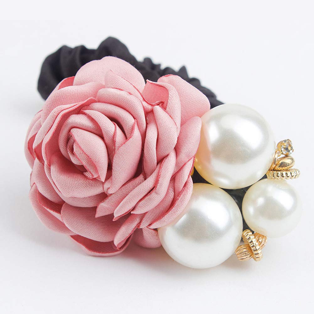 AKOAK Retro Pearl Rose Headband - High Elastic Hair Accessories for Women, Elegant Artificial Pearl Hair Circle, Velvet Ponytail Holder (Korean Pink) - Perfect for Weddings, Parties & Daily Fashion Styling