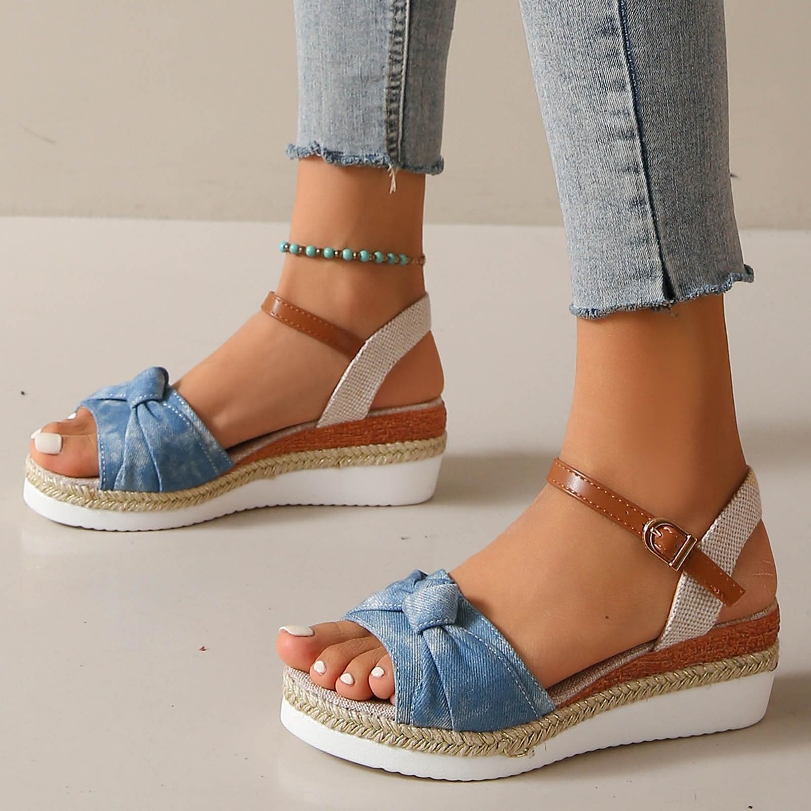 Women's Summer Wedge Fish Mouth Roman Sandals - Dressy Blue Sandals Size 38 | Comfortable & Stylish for Beach, Vacation, and Casual Outings