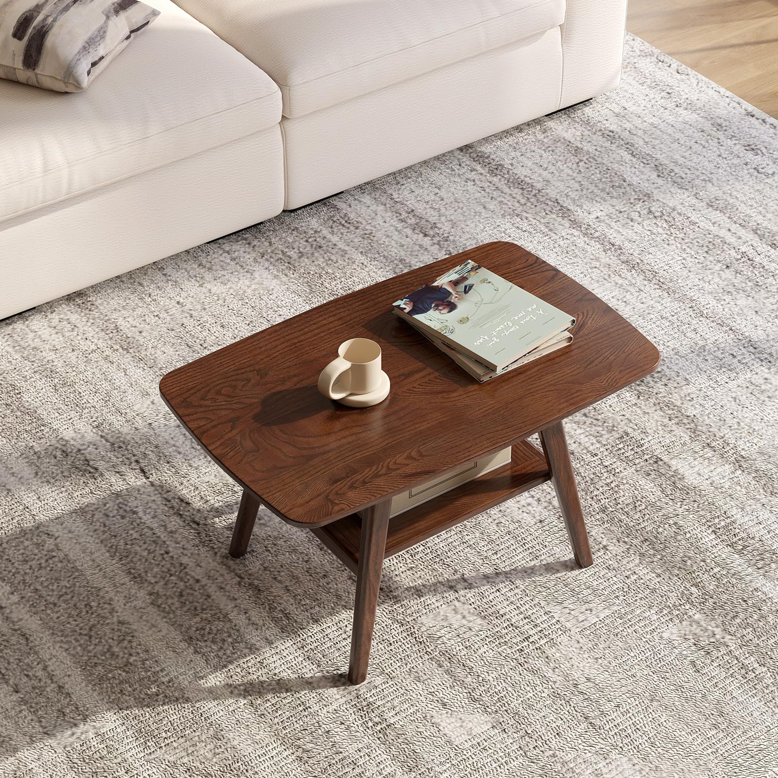Solid Oak Wood Coffee Table - Mid Century Modern Design with Shelf Storage, Rounded Corners (31.5