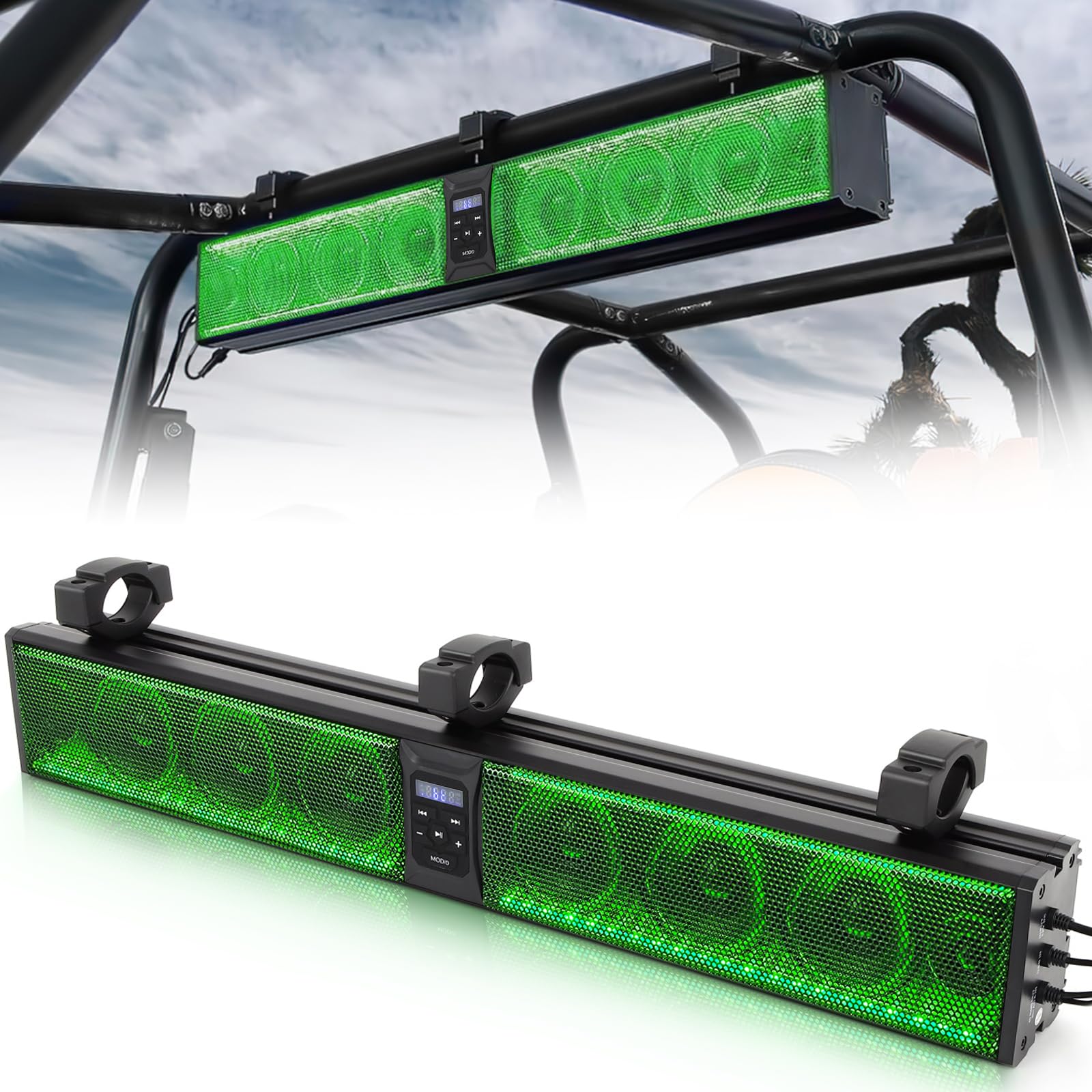 Universal 33-Inch ATV/UTV Sound Bar with Bluetooth, 6 Speakers, USB Port & Multicolor LED Lights – Waterproof Audio System for Golf Carts, ATVs, UTVs & Marine (Fits 1.75-2.25