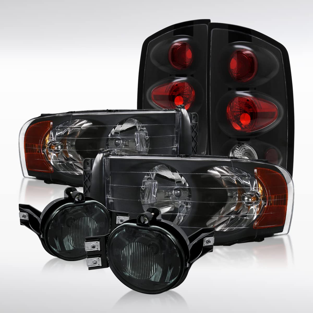 AUTOZENSATION Black Crystal Headlights & Tinted Fog Lights for 2002-2005 Dodge Ram 1500/2500/3500 - Replacement LED Tail Lamps for Off-Road & Night Driving