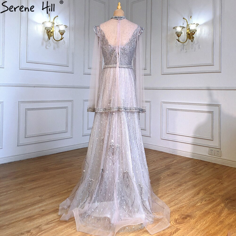 Serene Hill Luxury A-Line Silver Evening Dresses for Women 2025 - Beaded Cape Sleeve Formal Gown for Prom, Gala & Black Tie Events - Style LA71443