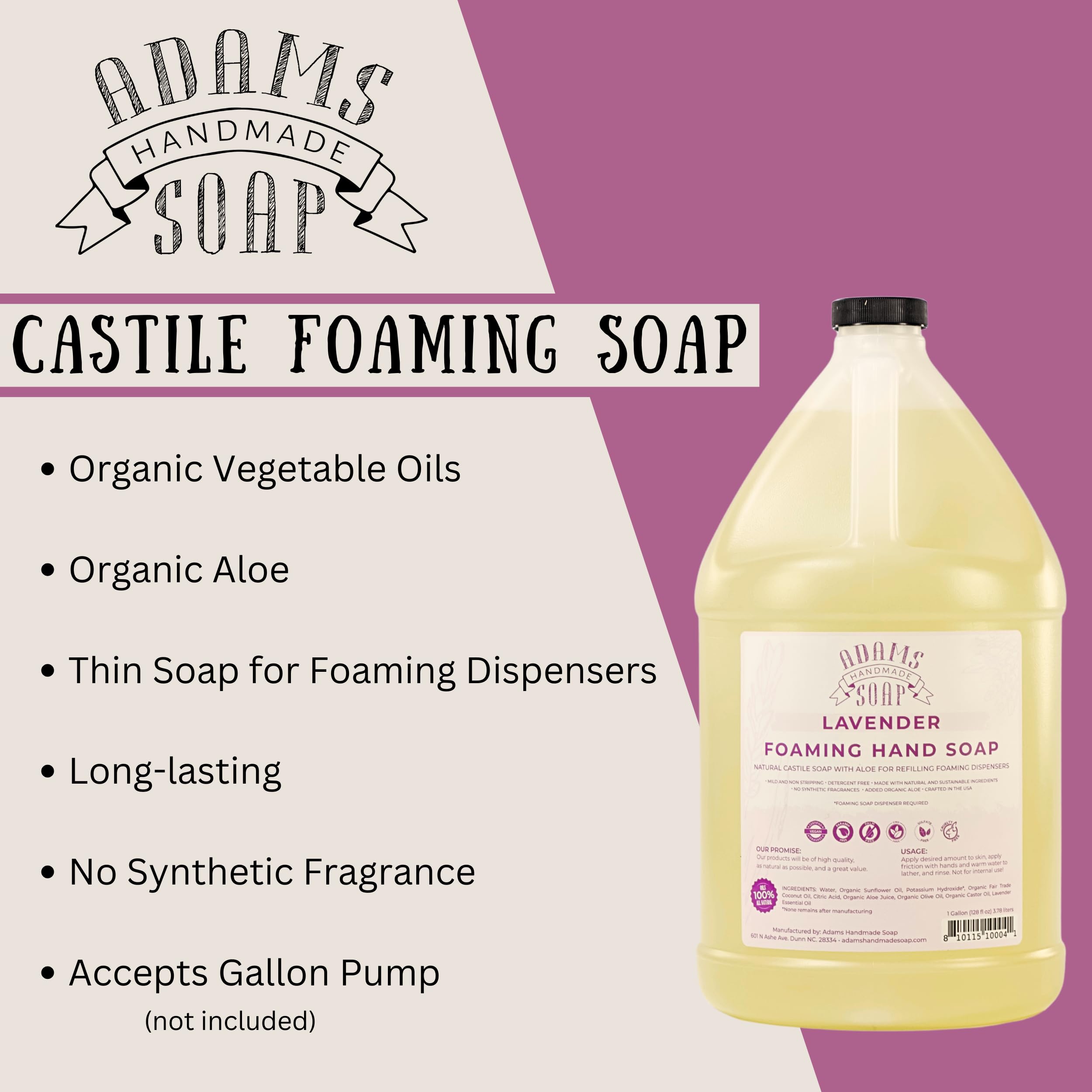 Adams Handmade Lavender Foaming Liquid Soap - 1 Gallon Bulk Refill for Bathroom, Kitchen & Spa | Natural Gentle Cleanser for Hands, Face & Body | Vegan, Cruelty-Free Soap Dispenser Refill (1 Pack)