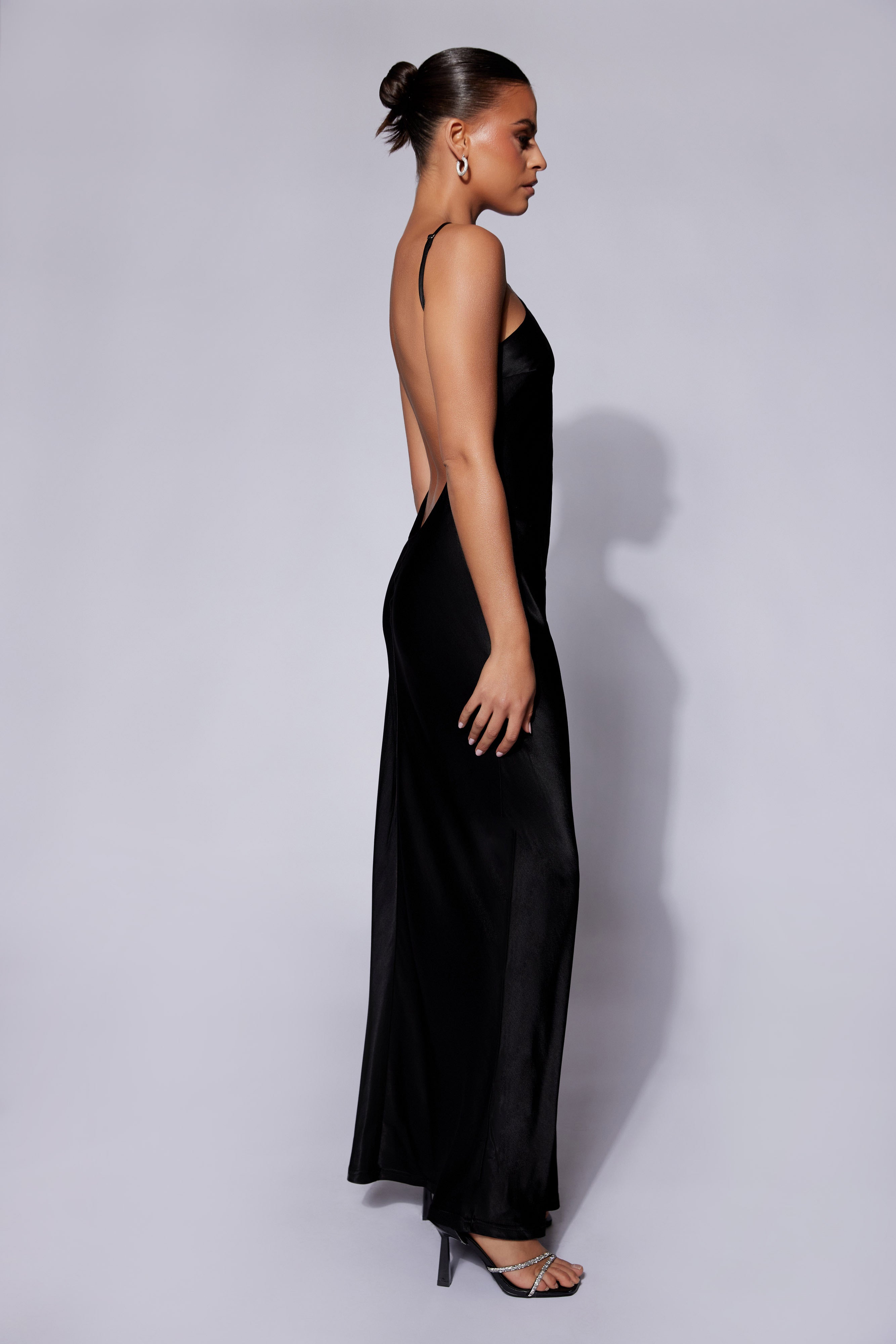 Lucia Black Satin Cut Out Maxi Dress for Women - Elegant Evening Gown for Parties, Weddings & Special Occasions