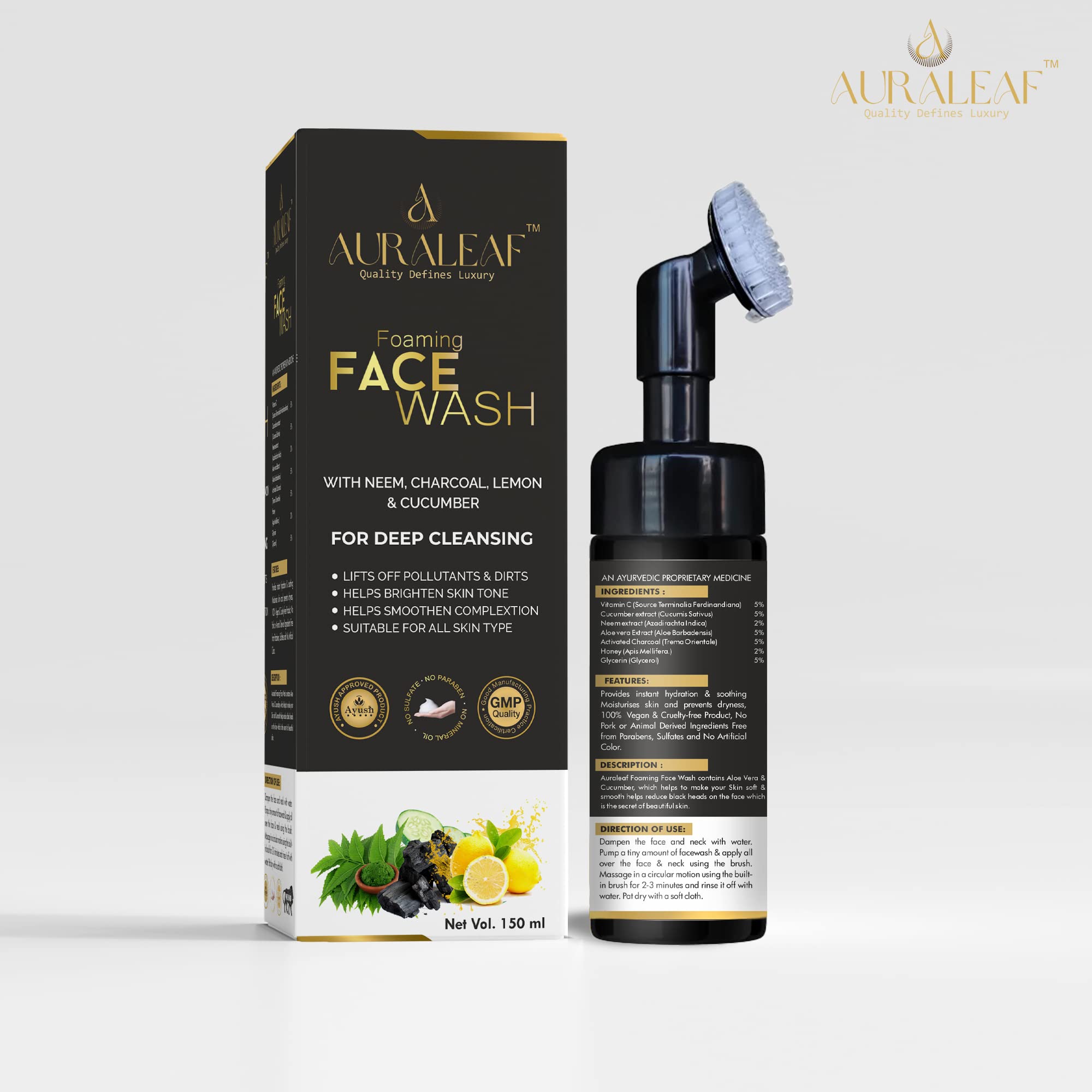 Auraleaf Foaming Face Wash with Neem, Lemon, Cucumber & Charcoal - Gentle Skin Cleanser for Bright, Clear Skin | All Skin Types | 150ml | Daily Deep Cleansing & Oil Control for Acne-Prone Skin