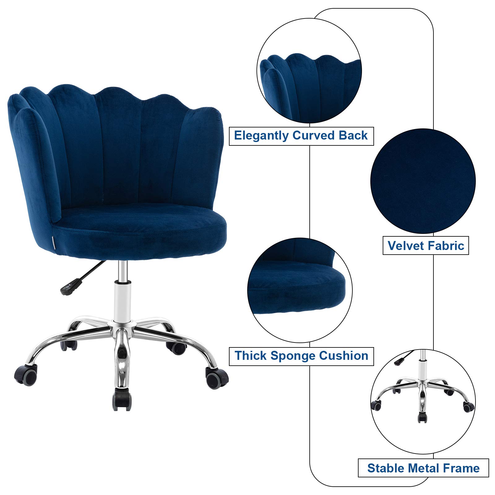 Velvet Desk Chair with Wheels - Modern Swivel Adjustable Height Upholstered Office Task Chair for Home, Living Room & Vanity - Elegant Blue Velvet Fabric for Comfort & Style - Perfect for Work, Study & Relaxation
