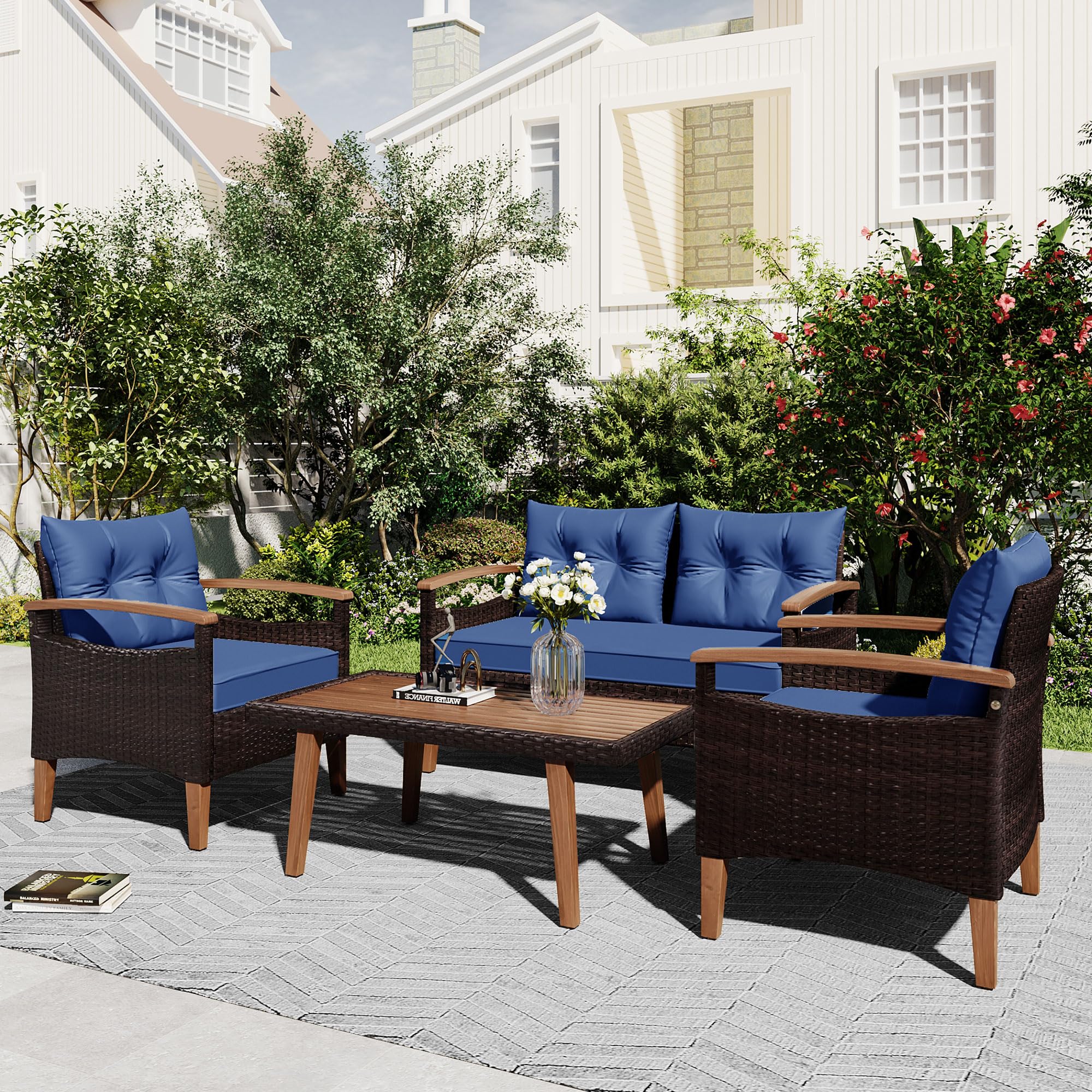 4-Piece Outdoor Patio Furniture Set with Coffee Table & Cushions - Garden Conversation Set for Backyard, Porch or Poolside (Blue) - Perfect for Relaxing, Entertaining & Outdoor Dining