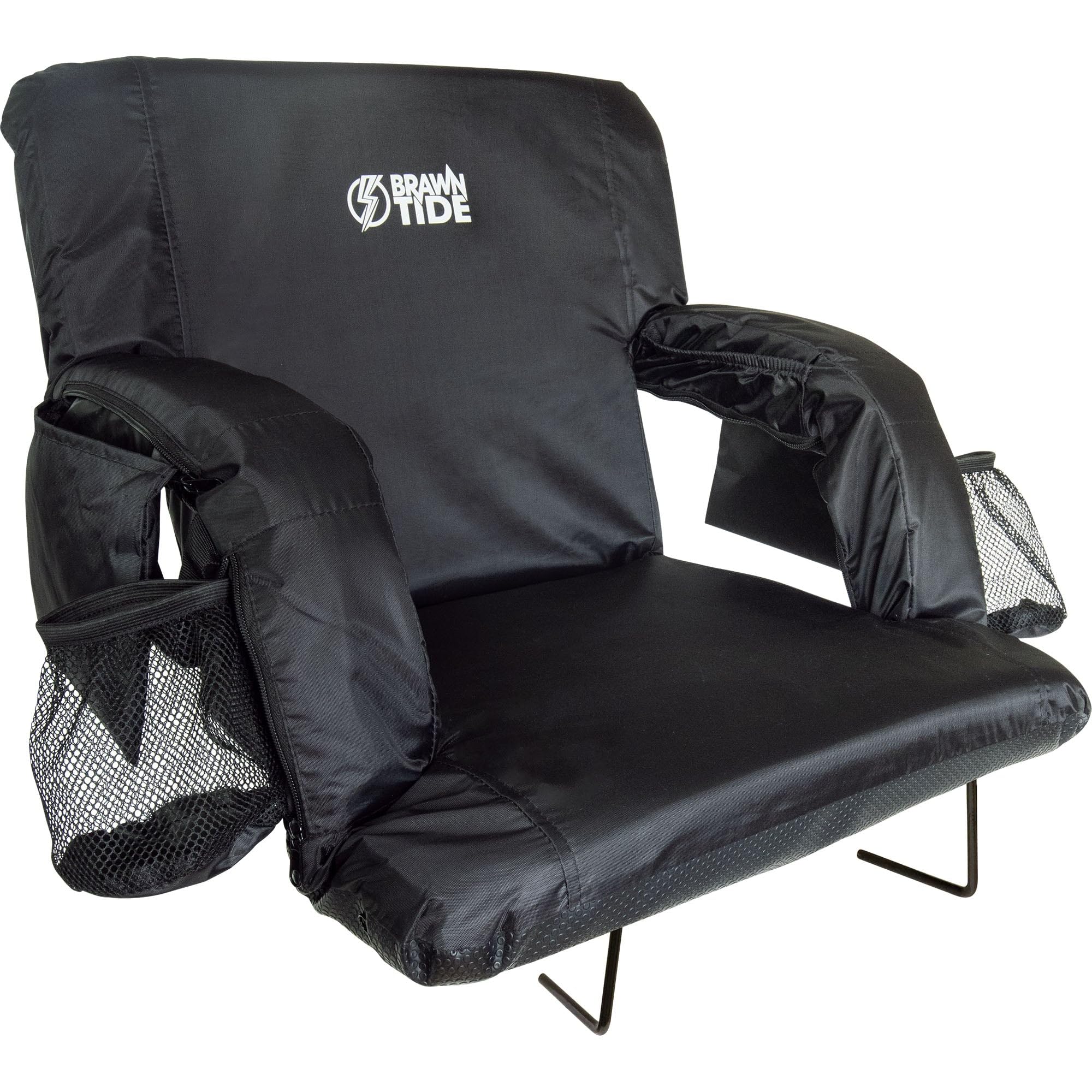 BRAWNTIDE Stadium Seat with Back Support - Comfortable Cushioned Bleacher Chair with Thick Padding, 2 Steel Hooks, 4 Storage Pockets & 2 Cup Holders - Reclining Portable Seat for Sports Games, Beach, Camping, Concerts & Outdoor Events - Perfect for Football, Baseball, Picnics and Tailgating