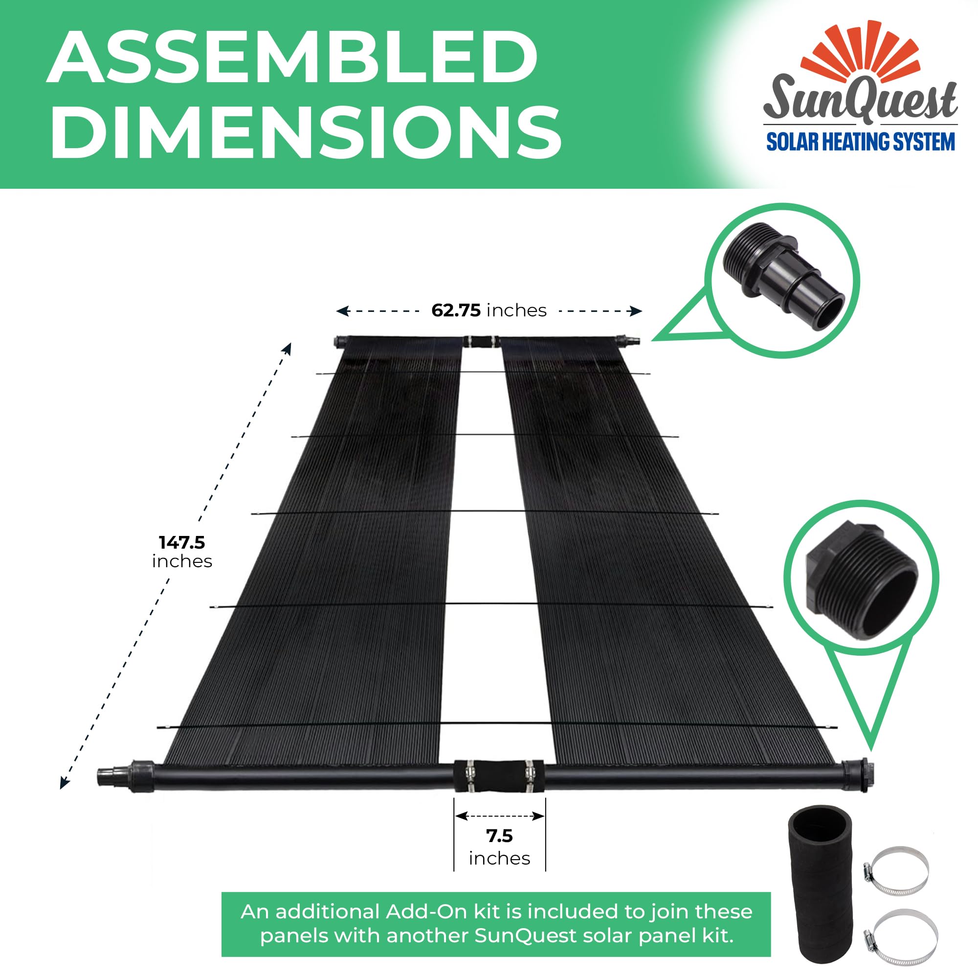 SunQuest Solar Pool Heater Panels - 2 Pack (2ft x 12ft) Solar Water Heating System with Roof/Rack Mount & Add-on Kit for Above Ground and Inground Pools | DIY Installation | UV-Resistant Polypropylene Panels | Perfect for Backyard, Residential and Commercial Pool Heating