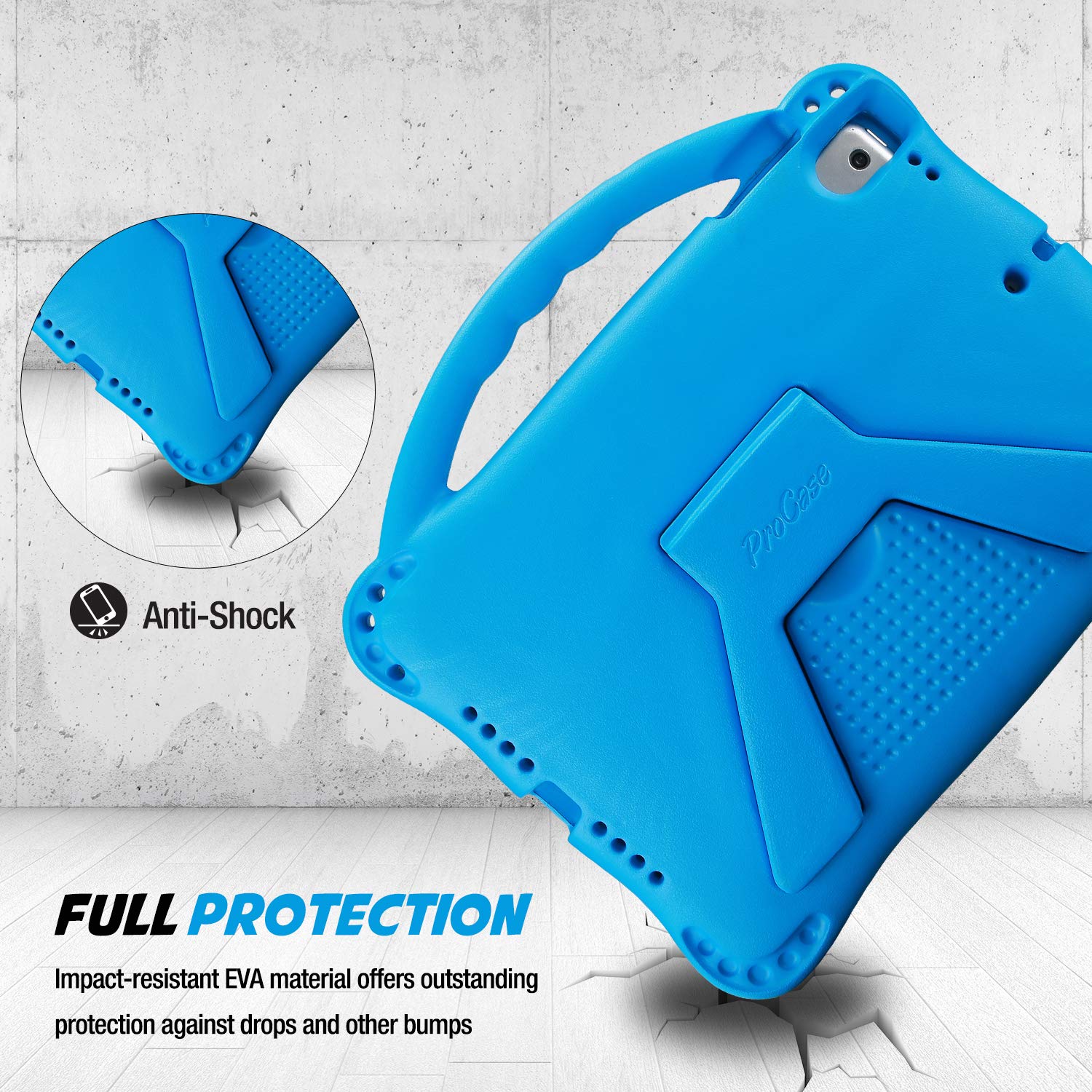 ProCase Shockproof Kids iPad Case for iPad 9.7 (6th/5th Gen 2017/2018), iPad Air 2/Air 1, iPad Pro 9.7 (2016) - Lightweight Rugged Protective Cover with Handle & Kickstand for Boys & Girls (Blue) - Perfect for School, Travel & Home Learning