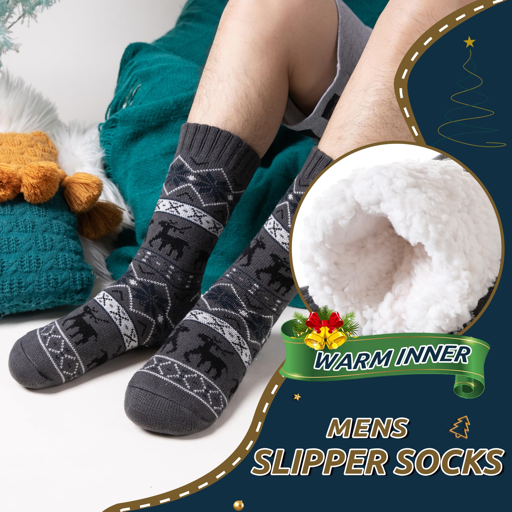 Men's Fleece Lined Thick Winter Slipper Socks - Cozy Non-Slip Fuzzy Home & Sleeping Socks for Cold Weather - Perfect for Indoor Comfort, Lounging and Relaxation at Home