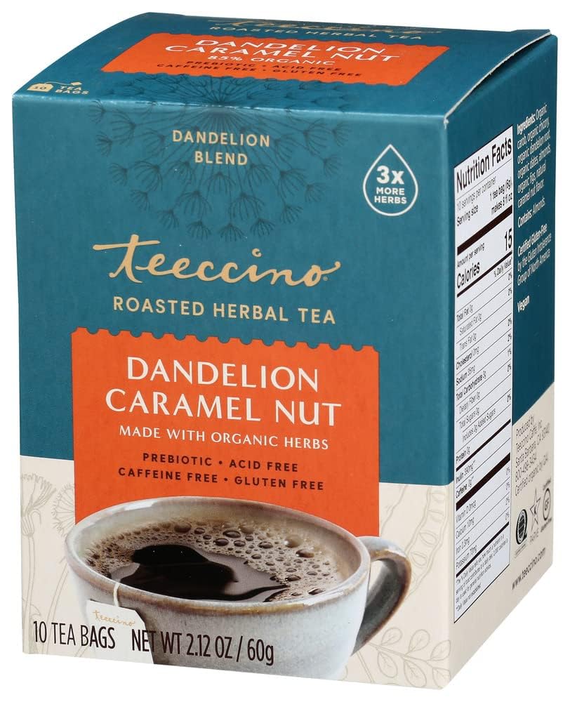 Teeccino Dandelion Caramel Nut Herbal Tea - Caffeine Free, Prebiotic Rich, Gluten Free Roasted Herbal Tea with 3x More Herbs - 10 Tea Bags for Relaxation & Digestive Health